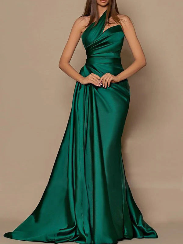 Column One-Shoulder Floor-length Prom Dresses simple gentle atmospheric and unique desi Bring summer colors to enhance whiteness ﻿