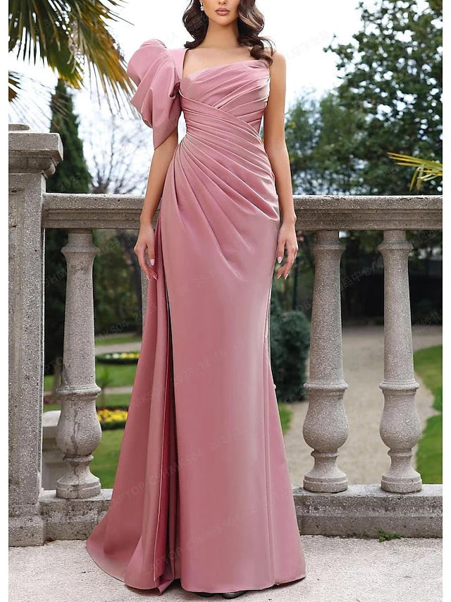 Column One-Shoulder Floor-length Prom Dresses simple gentle atmospheric and unique desi Bring summer colors to enhance whiteness
