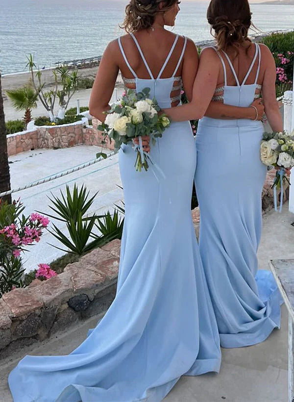Column Spaghetti Straps Floor-length Long Bridesmaid Dresses simple gentle atmospheric and unique desi Bring summer colors to enhance whiteness
