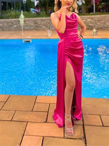 Column Spaghetti Straps Floor-length Prom Dresses simple gentle atmospheric and unique desi Bring summer colors to enhance whiteness