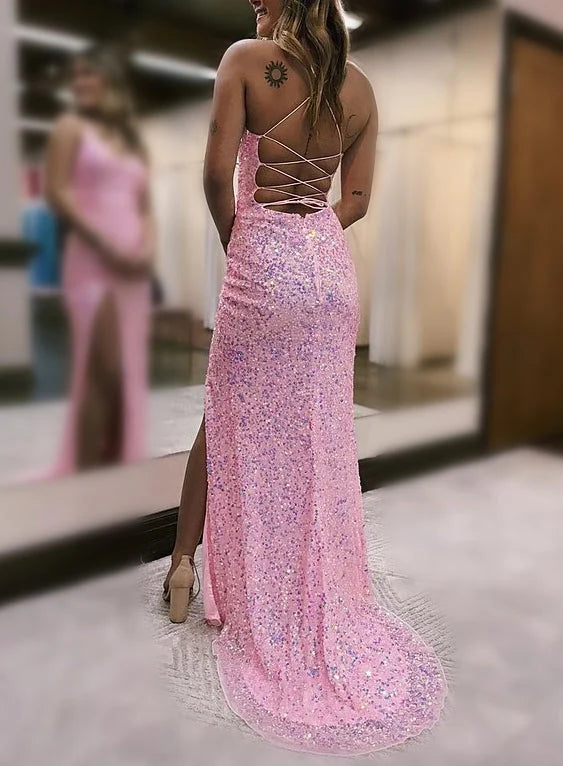 Column Spaghetti Straps Floor-length Prom Dresses simple gentle atmospheric and unique desi Bring summer colors to enhance whiteness