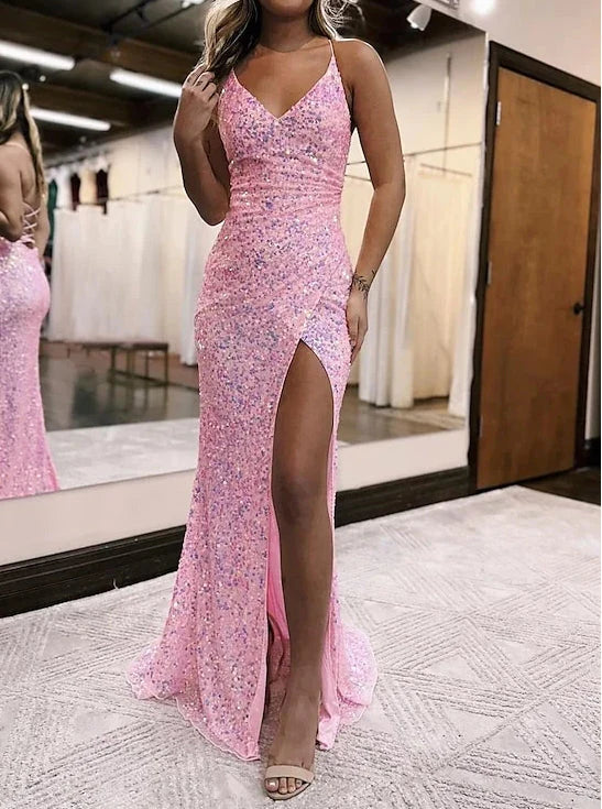 Column Spaghetti Straps Floor-length Prom Dresses simple gentle atmospheric and unique desi Bring summer colors to enhance whiteness