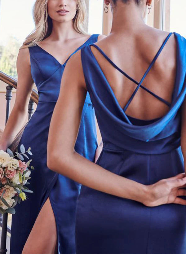 Column V-Neck Floor-length Long Bridesmaid Dresses With Split Side simple gentle atmospheric and unique desi Bring summer colors to enhance whiteness