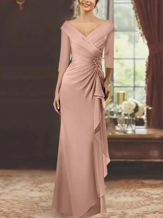 Column V-Neck Half Sleeves Floor-Length Mother of the Bride Dresses with Ruffles & Appliques simple gentle atmospheric and unique desi Bring summer colors to enhance whiteness