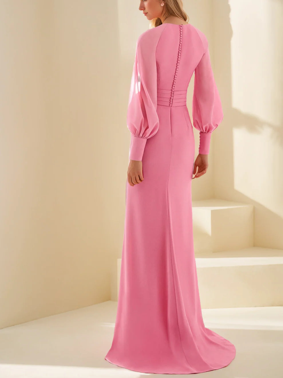 Column V-Neck Long Sleeves Floor-Length Unique Mother of the Bride Dresses with Ruffles simple gentle atmospheric and unique desi Bring summer colors to enhance whiteness