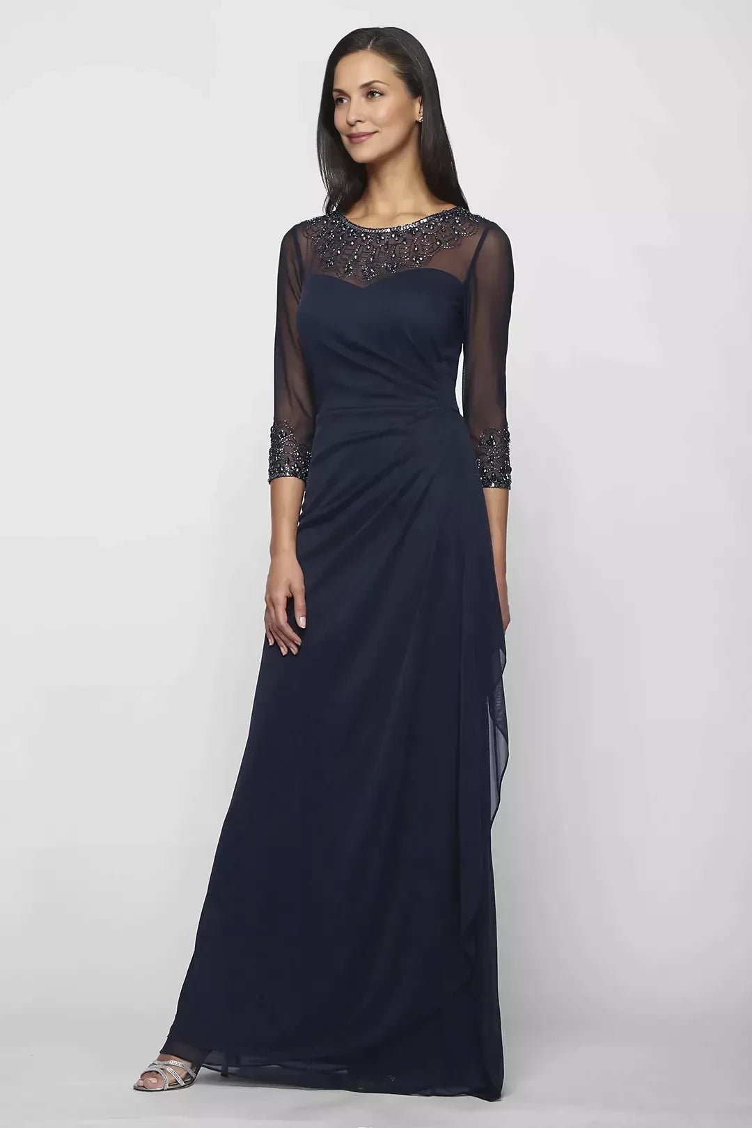 Composed Sheath Illusion Neck Three Quarter Sleeve Beaded Back Floor Length Mother of the Bride Dress