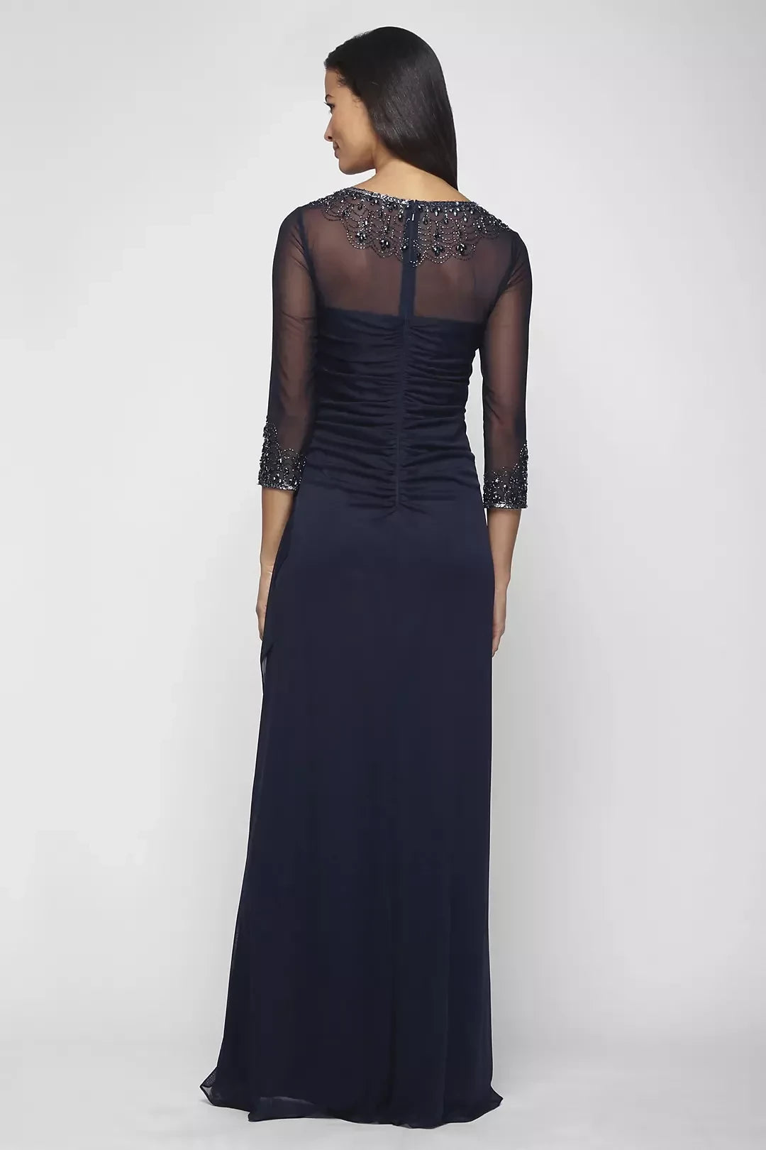 Composed Sheath Illusion Neck Three Quarter Sleeve Beaded Back Floor Length Mother of the Bride Dress