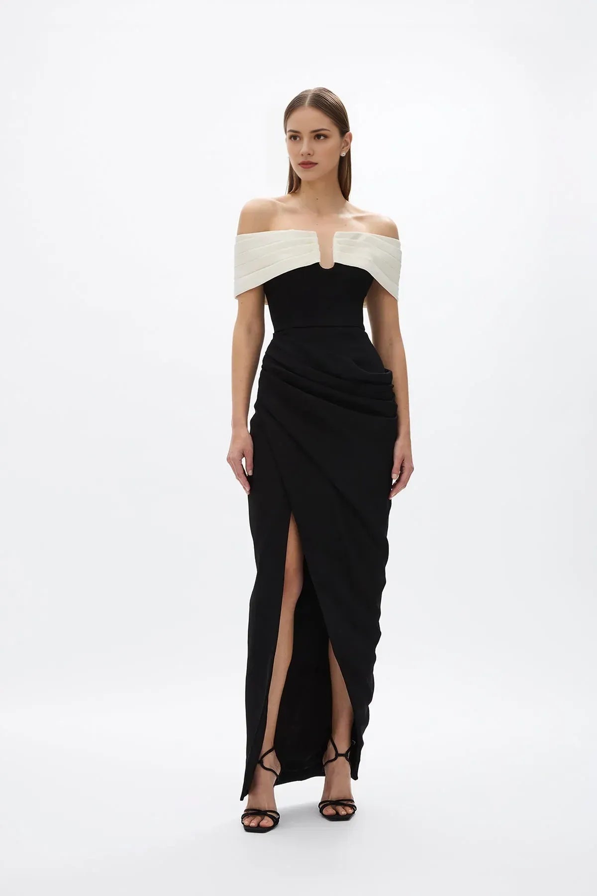 Contrasted Sheath Off the Shoulder Sleeveless Zipper Back High Slit Floor Length Hot sale Prom Dress