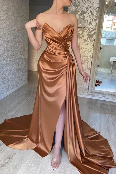 Copper satin dress with strapless cross neckline suitable for dinner parties