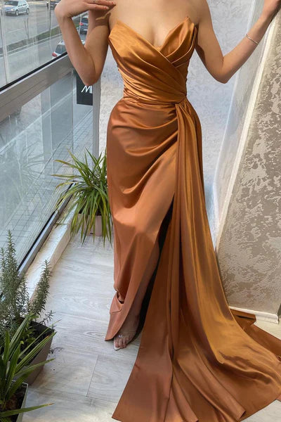 Copper satin dress with strapless cross neckline suitable for dinner parties
