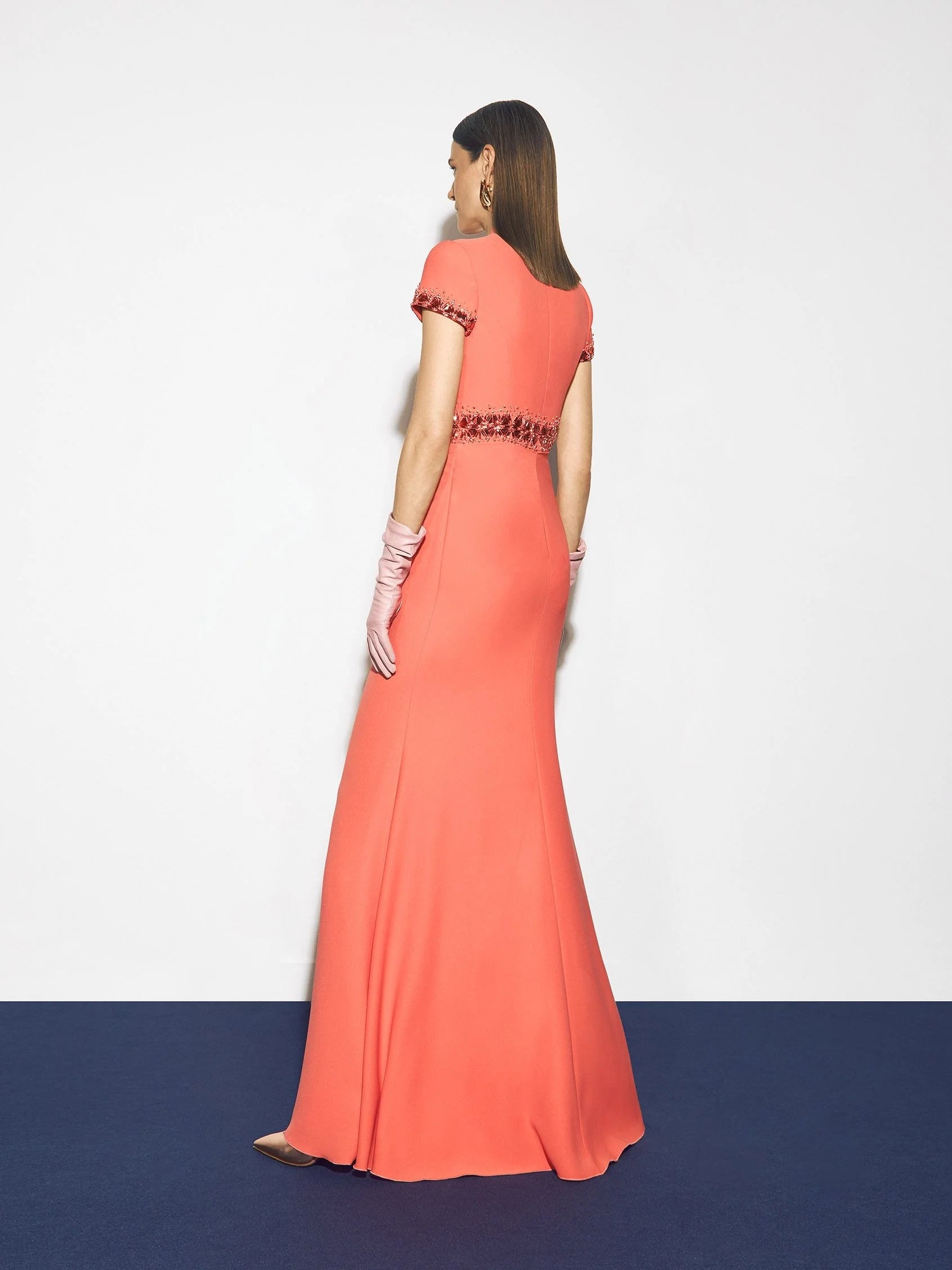 Coral Beaded Short Sleeve Maxi Dress Mermaid evening dress with swan neckline and short sleeves in crepe Mother of the Bride Dresses