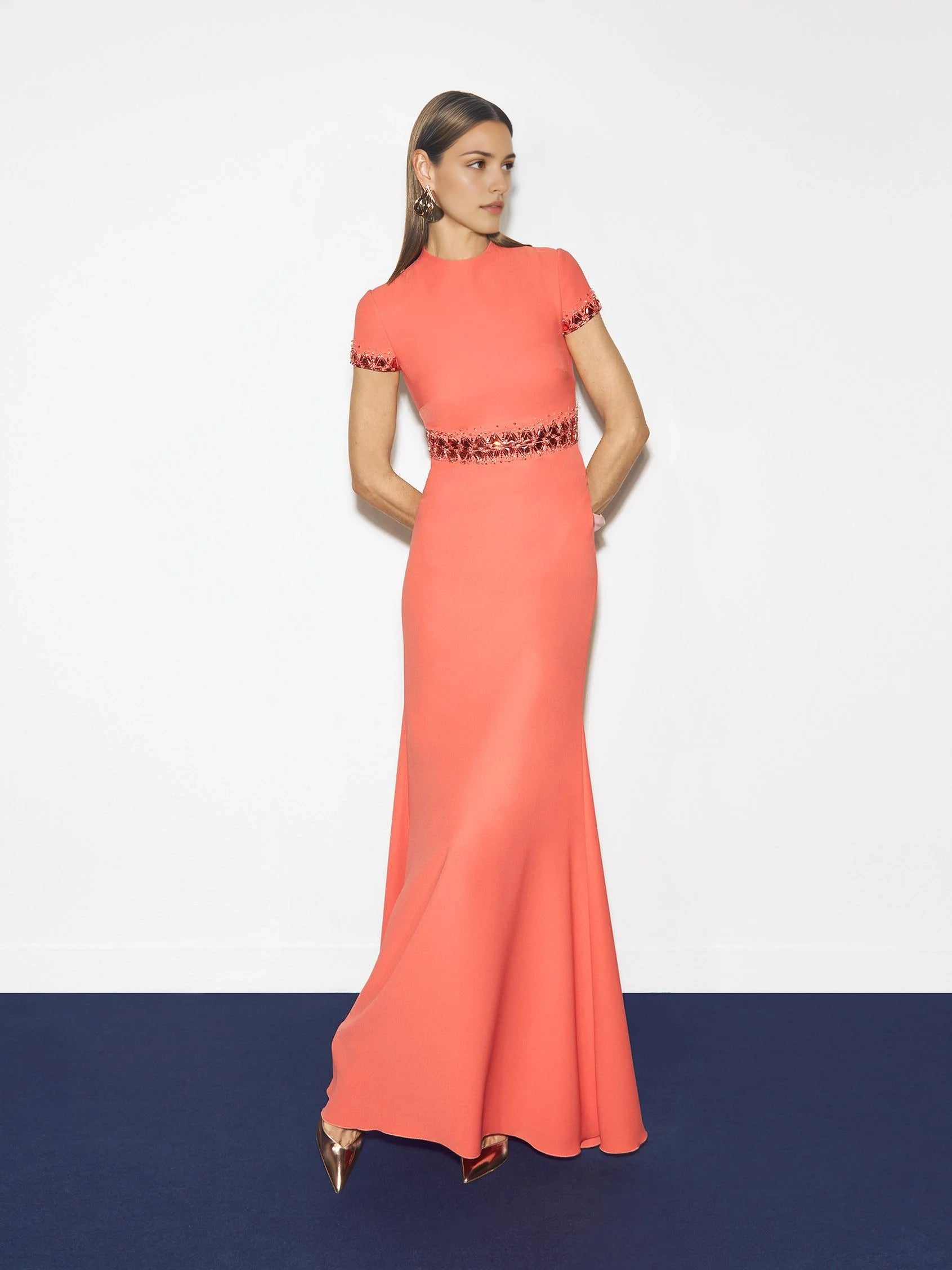 Coral Beaded Short Sleeve Maxi Dress Mermaid evening dress with swan neckline and short sleeves in crepe Mother of the Bride Dresses