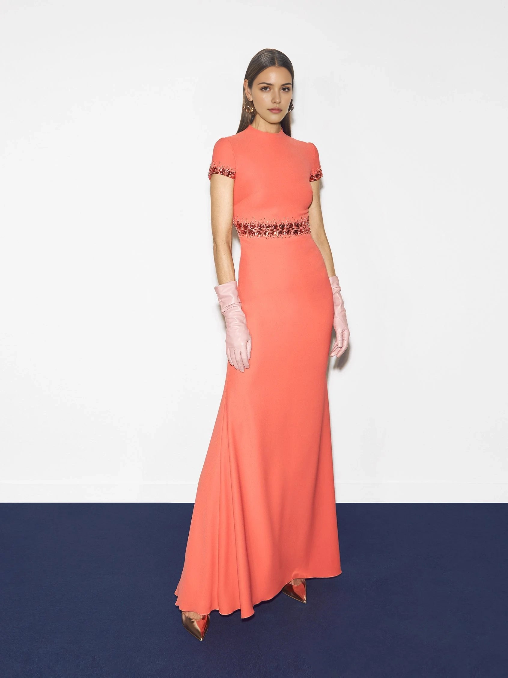 Coral Beaded Short Sleeve Maxi Dress Mermaid evening dress with swan neckline and short sleeves in crepe Mother of the Bride Dresses