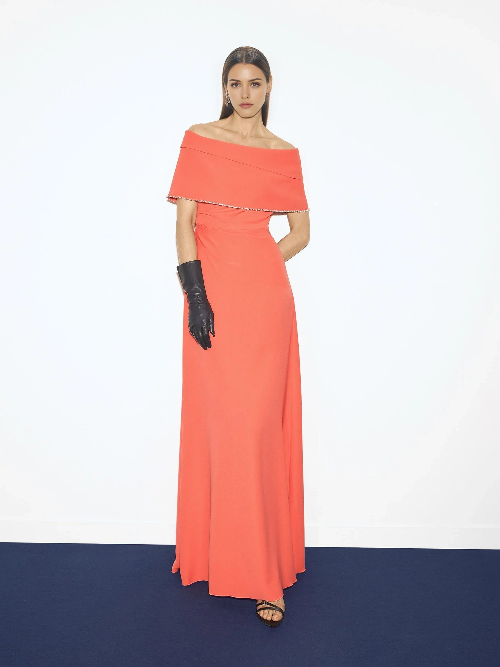 Off-Shoulder Maxi Dress with Embellished Trim A-line party dress with wrap neckline and short sleeves in crepe Mother of the Bride Dresses