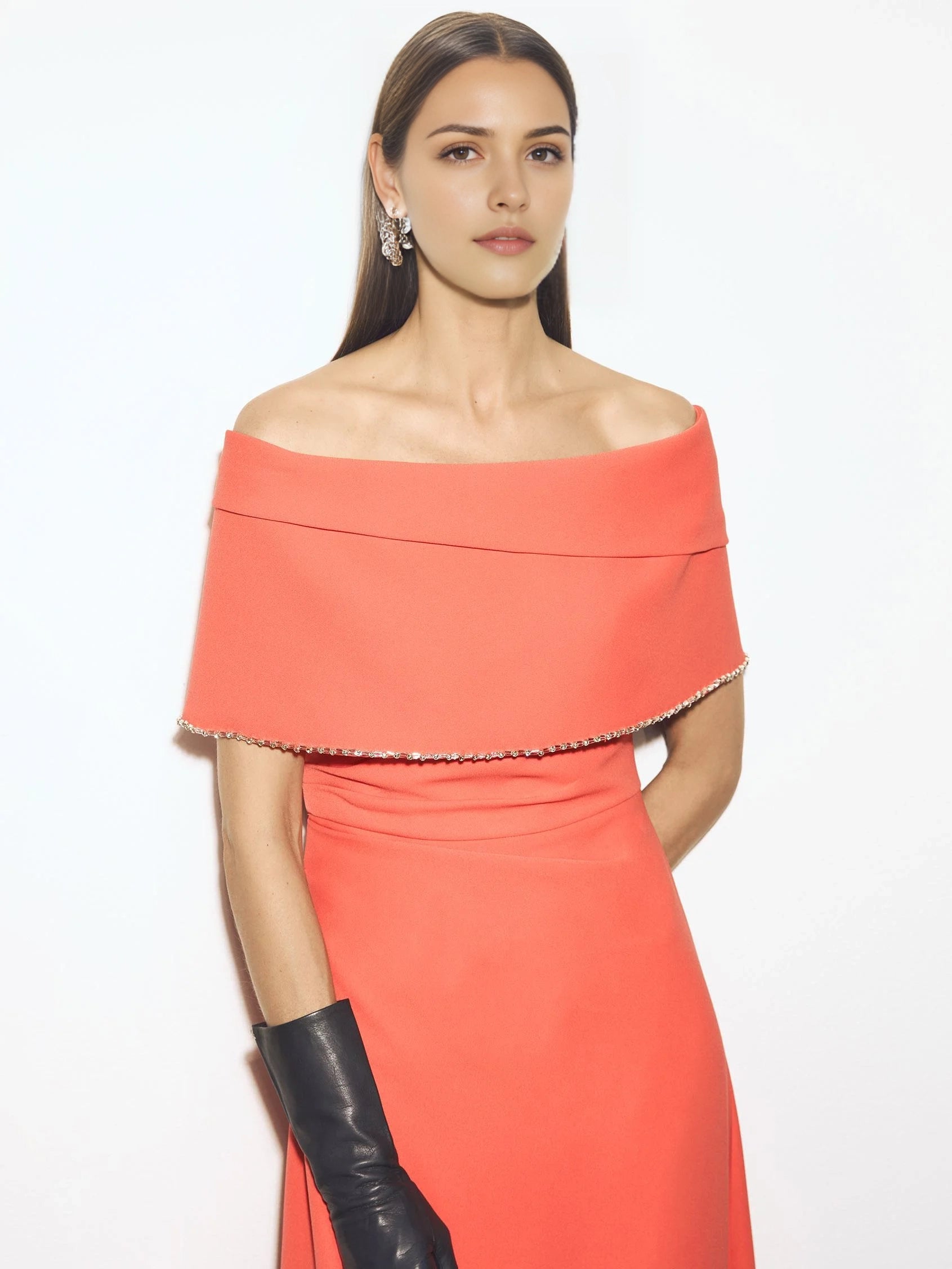 Off-Shoulder Maxi Dress with Embellished Trim A-line party dress with wrap neckline and short sleeves in crepe Mother of the Bride Dresses