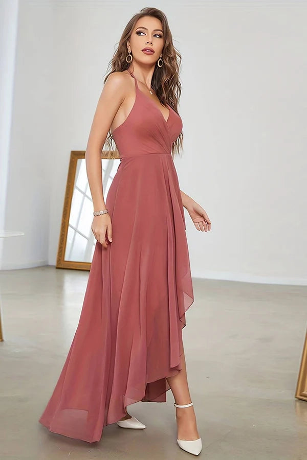Coral Asymmetrical A-Line Halter Prom Dress With Sleeveless Simple gentle atmospheric and unique desig