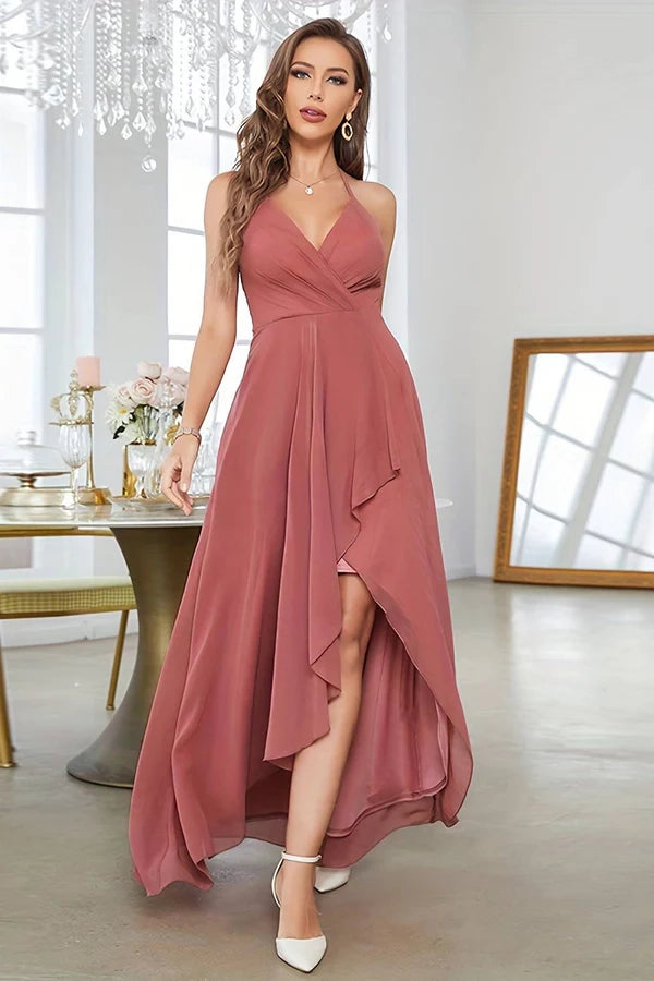 Coral Asymmetrical A-Line Halter Prom Dress With Sleeveless Simple gentle atmospheric and unique desig