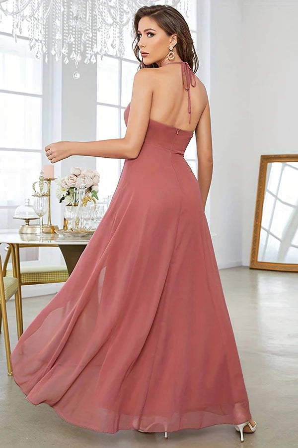 Coral Asymmetrical A-Line Halter Prom Dress With Sleeveless Simple gentle atmospheric and unique desig