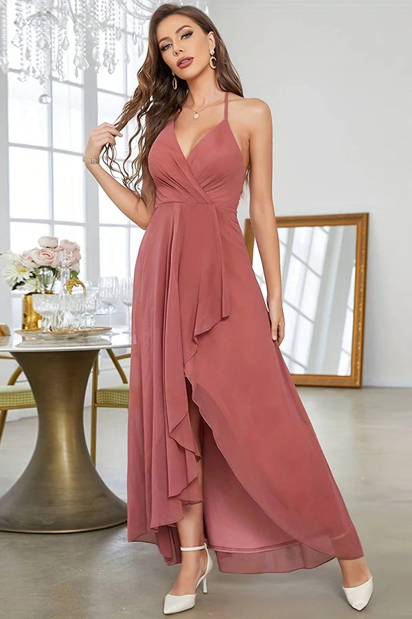 Coral Asymmetrical A-Line Halter Prom Dress With Sleeveless Simple gentle atmospheric and unique desig