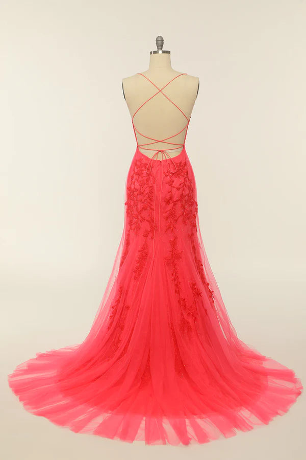 Coral Backless Long Prom Dress with Appliques Simple gentle atmospheric and unique design