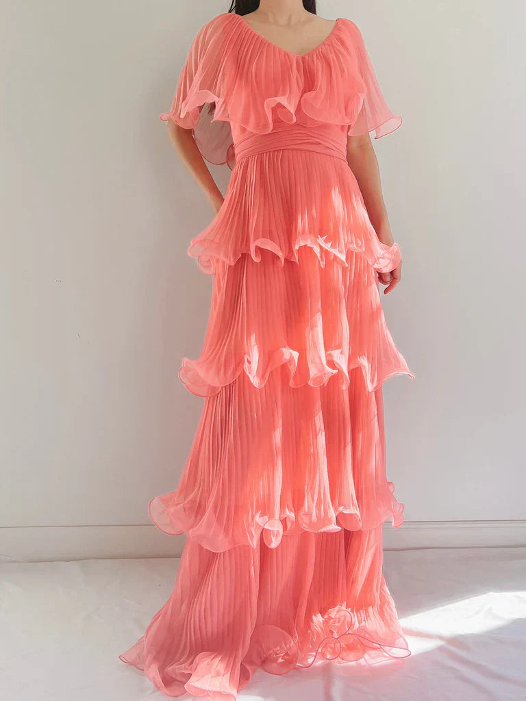 Coral Pink Layered Chiffon A Line V Neck Simple Long Party Dress Evening Dress 18 Birthday Dress simple gentle atmospheric and unique desi Bring summer colors to enhance whiteness