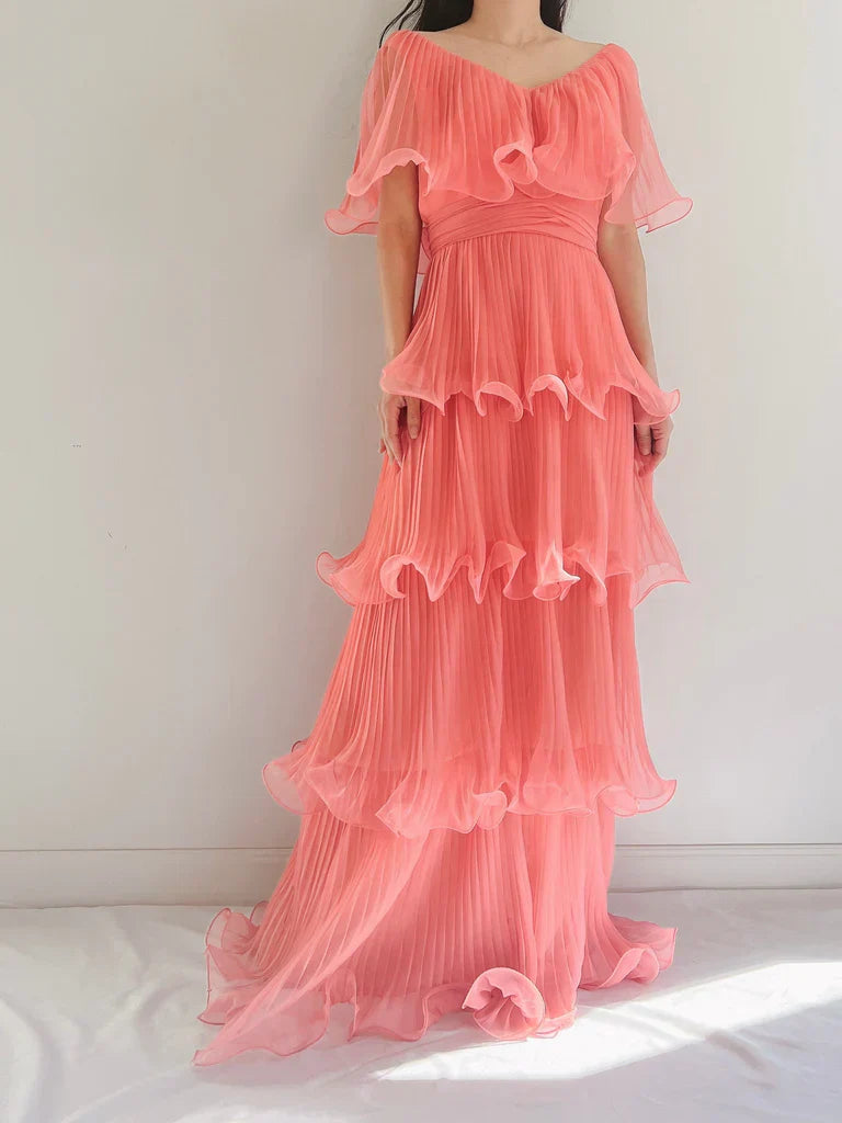 Coral Pink Layered Chiffon A Line V Neck Simple Long Party Dress Evening Dress 18 Birthday Dress simple gentle atmospheric and unique desi Bring summer colors to enhance whiteness