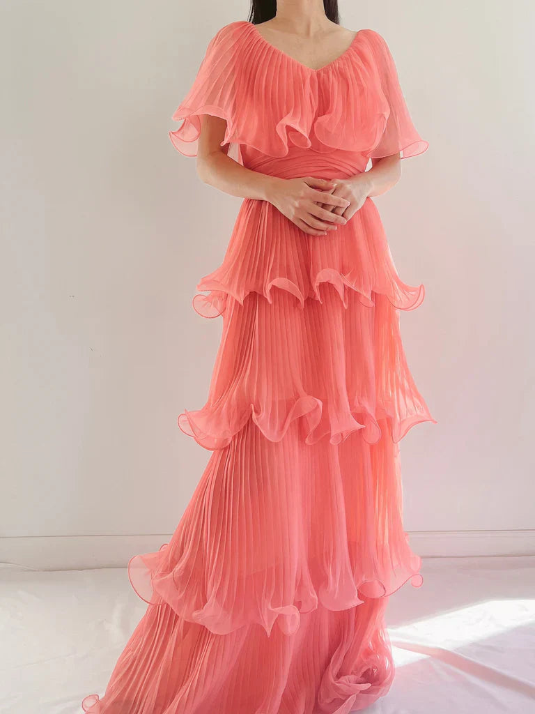Coral Pink Layered Chiffon A Line V Neck Simple Long Party Dress Evening Dress 18 Birthday Dress simple gentle atmospheric and unique desi Bring summer colors to enhance whiteness