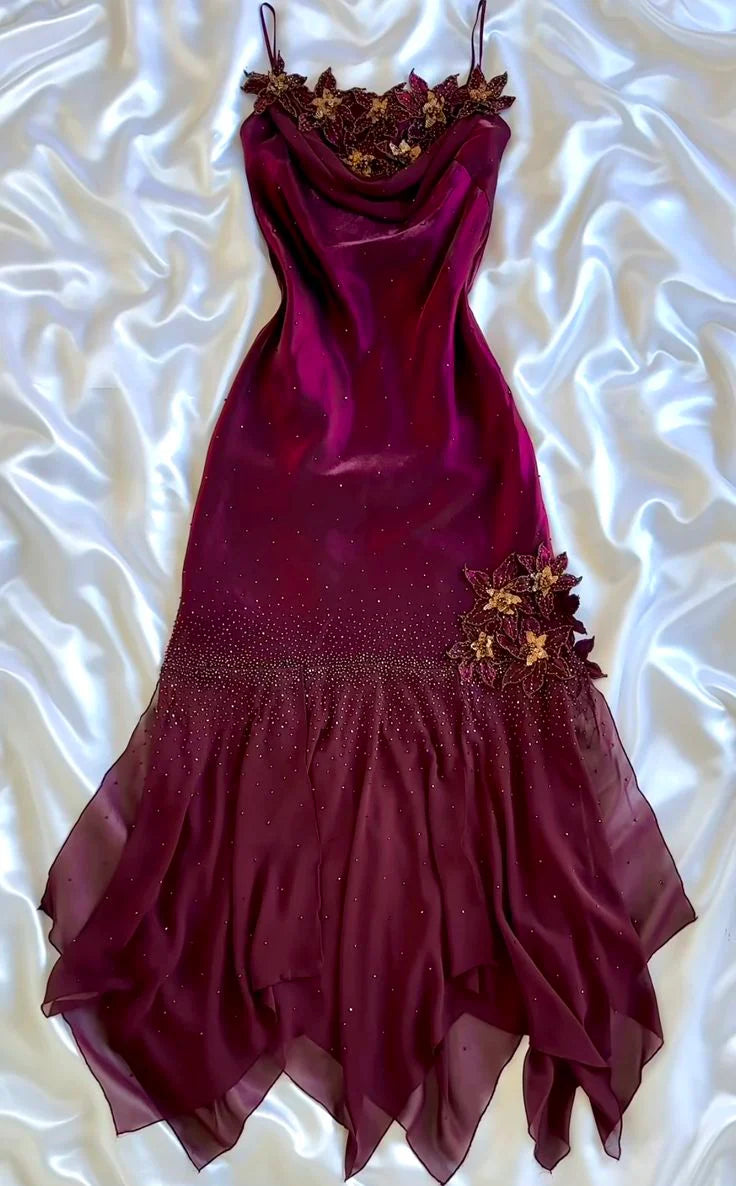 Cranberry Rose Vintage A Line Beaded Appliques Satin Chiffon Prom Dress Evening Dress simple gentle atmospheric and unique desi Bring summer colors to enhance whiteness
