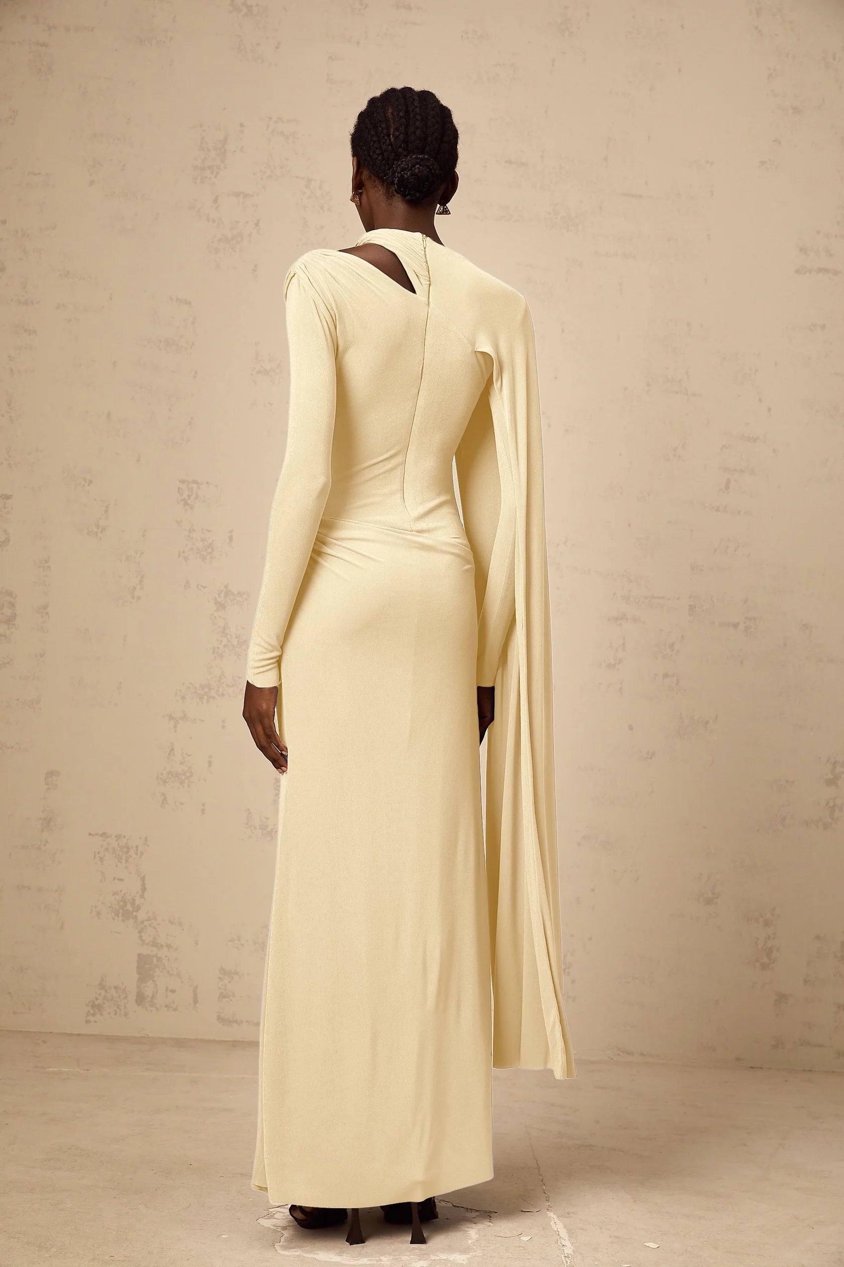 Cream Asymmetric Cape Sleeve Maxi Dress Josette Yellow Diagonal Shawl Fitted Maxi Dress Evening Dress