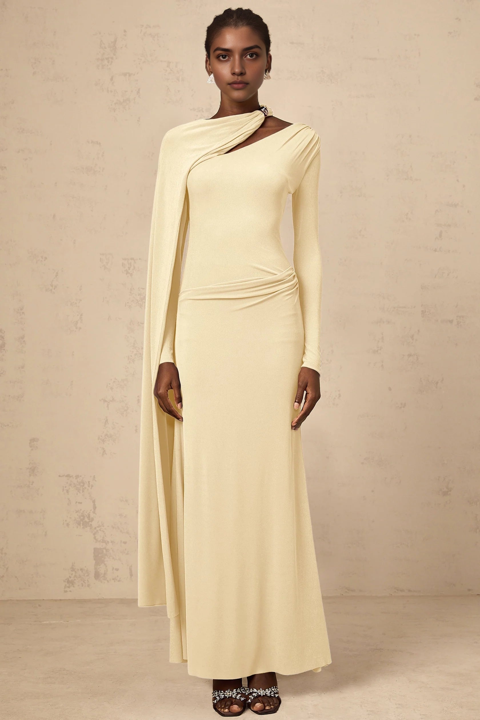 Cream Asymmetric Cape Sleeve Maxi Dress Josette Yellow Diagonal Shawl Fitted Maxi Dress Evening Dress