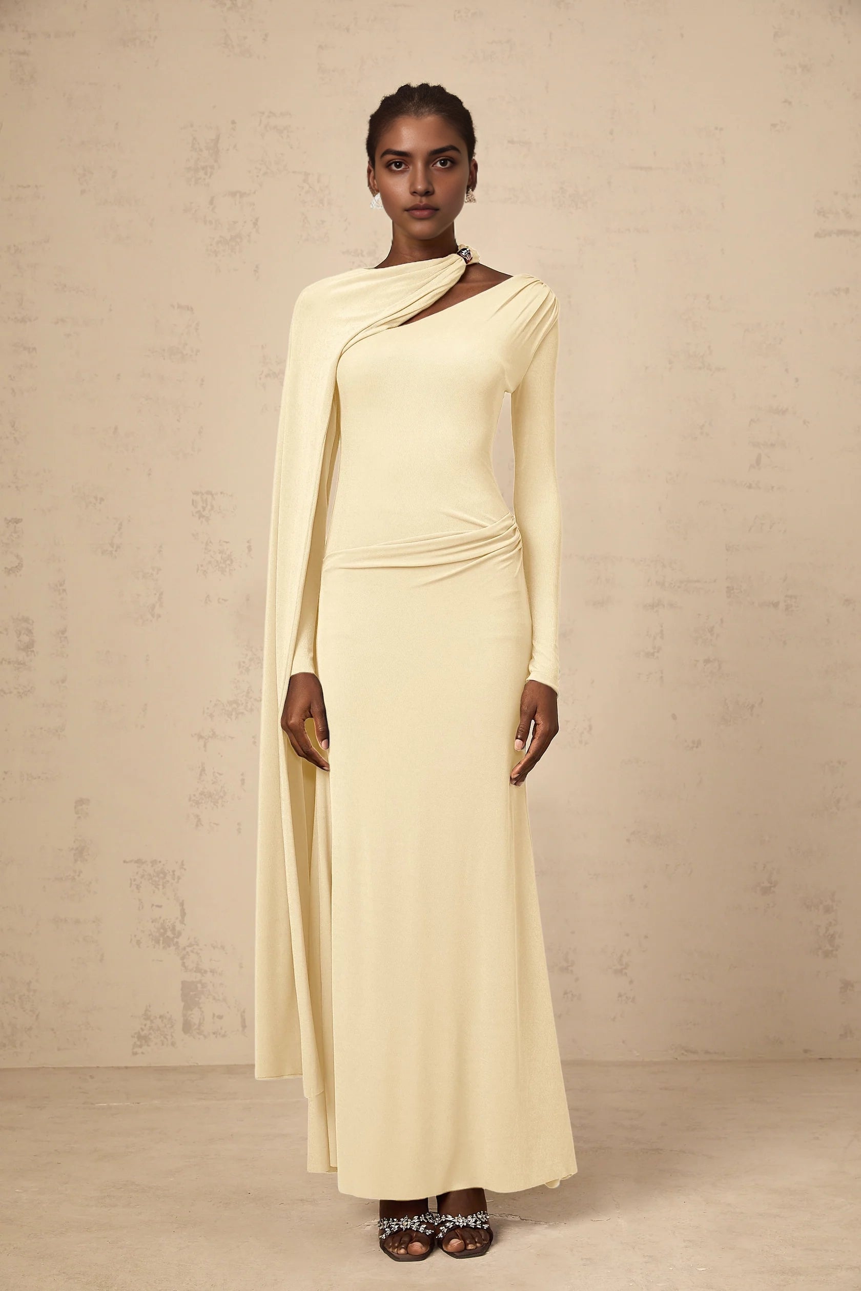 Cream Asymmetric Cape Sleeve Maxi Dress Josette Yellow Diagonal Shawl Fitted Maxi Dress Evening Dress