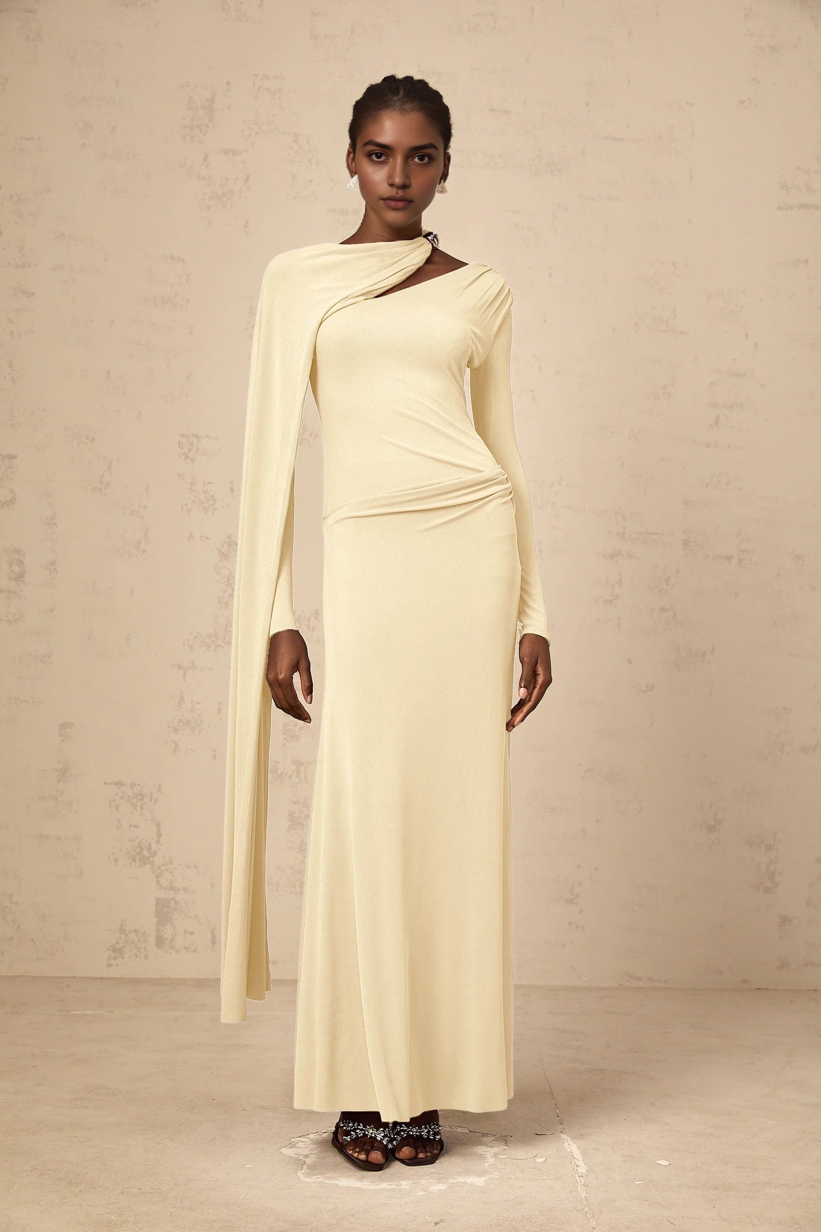Cream Asymmetric Cape Sleeve Maxi Dress Josette Yellow Diagonal Shawl Fitted Maxi Dress Evening Dress