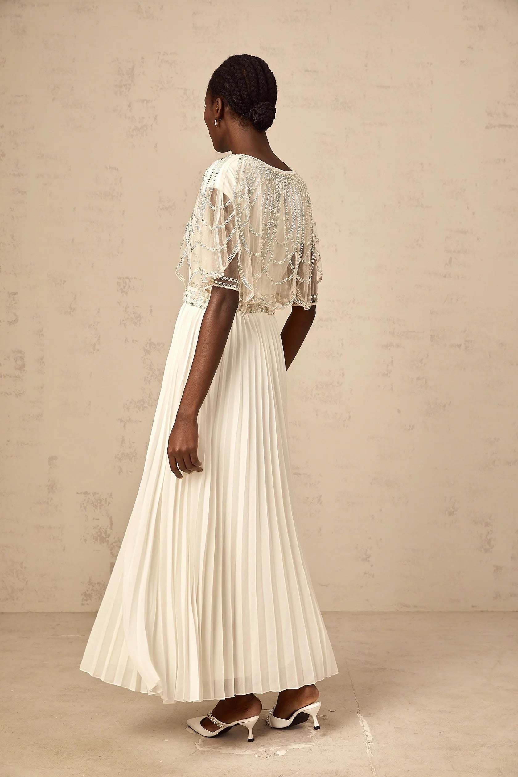 Cream Beaded Cape Sleeve Pleated Maxi Dress white crystal-embellished pleated maxi dress Evening Dress