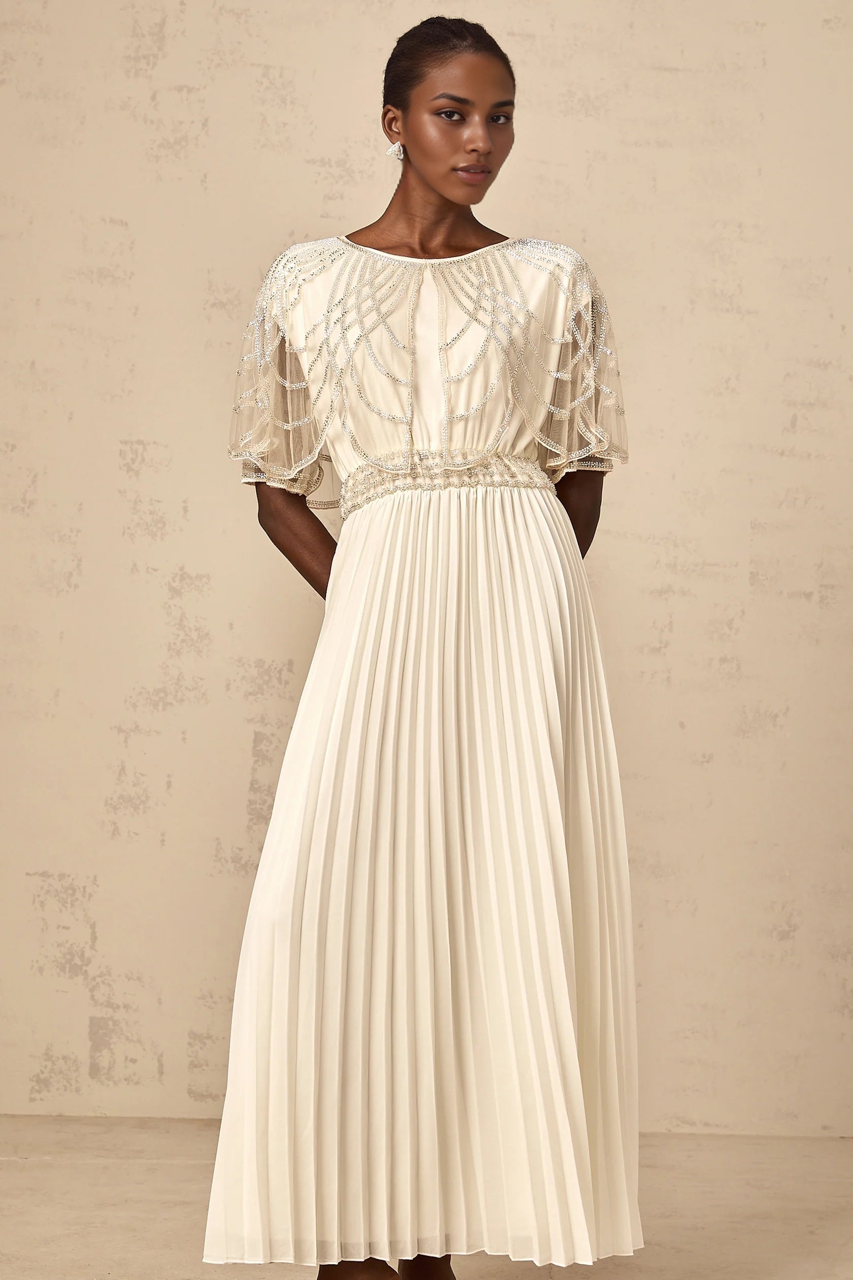 Cream Beaded Cape Sleeve Pleated Maxi Dress white crystal-embellished pleated maxi dress Evening Dress