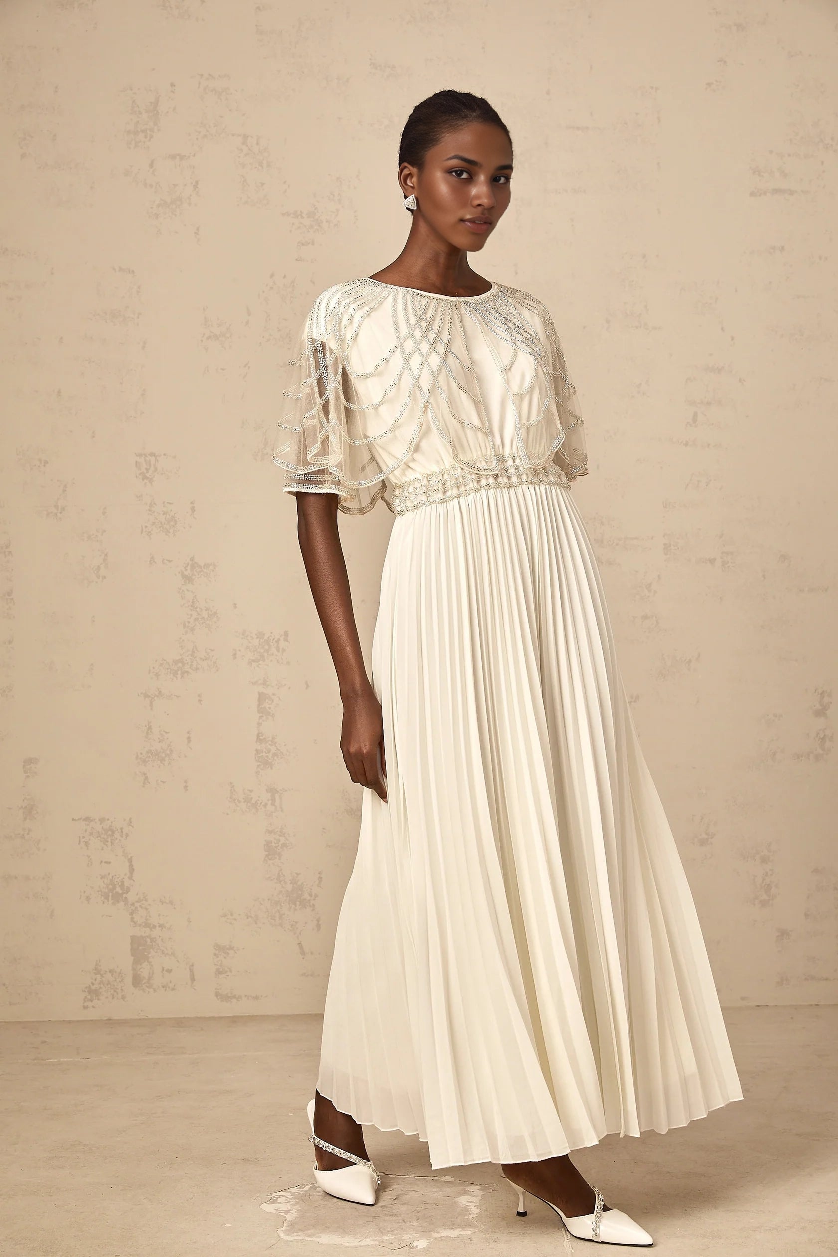 Cream Beaded Cape Sleeve Pleated Maxi Dress white crystal-embellished pleated maxi dress Evening Dress