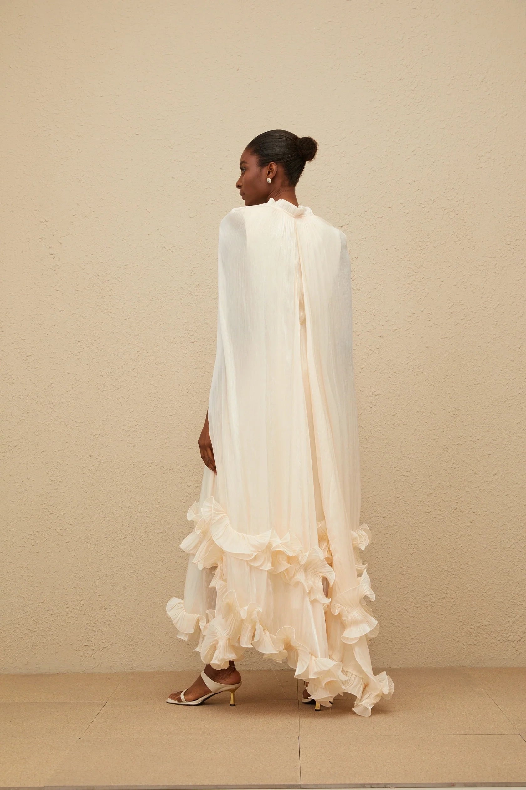 Cream Cape - Sleeve Maxi Dress with Ruffled Hem Intemporelle Neutral Cape Pleated Midi Dress Evening Dress