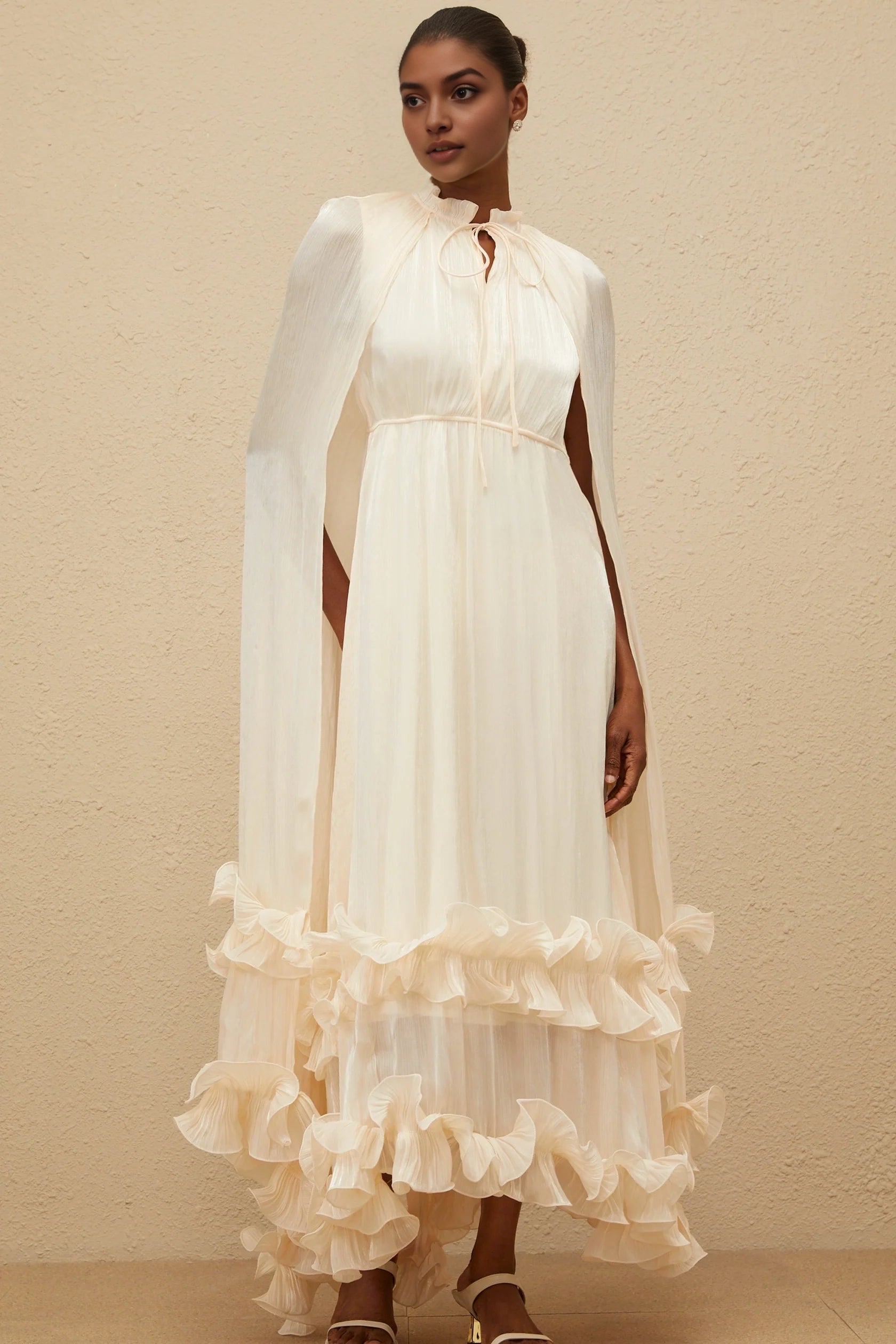 Cream Cape - Sleeve Maxi Dress with Ruffled Hem Intemporelle Neutral Cape Pleated Midi Dress Evening Dress