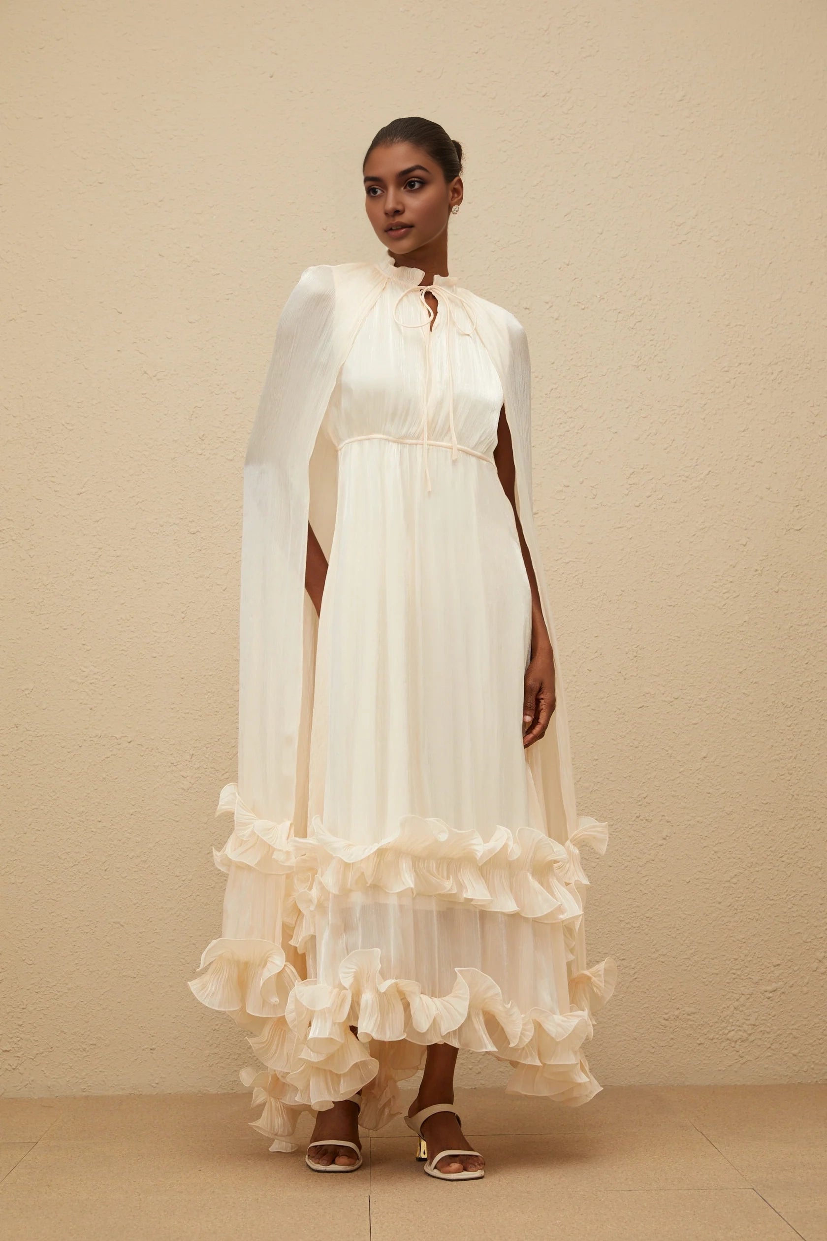 Cream Cape - Sleeve Maxi Dress with Ruffled Hem Intemporelle Neutral Cape Pleated Midi Dress Evening Dress