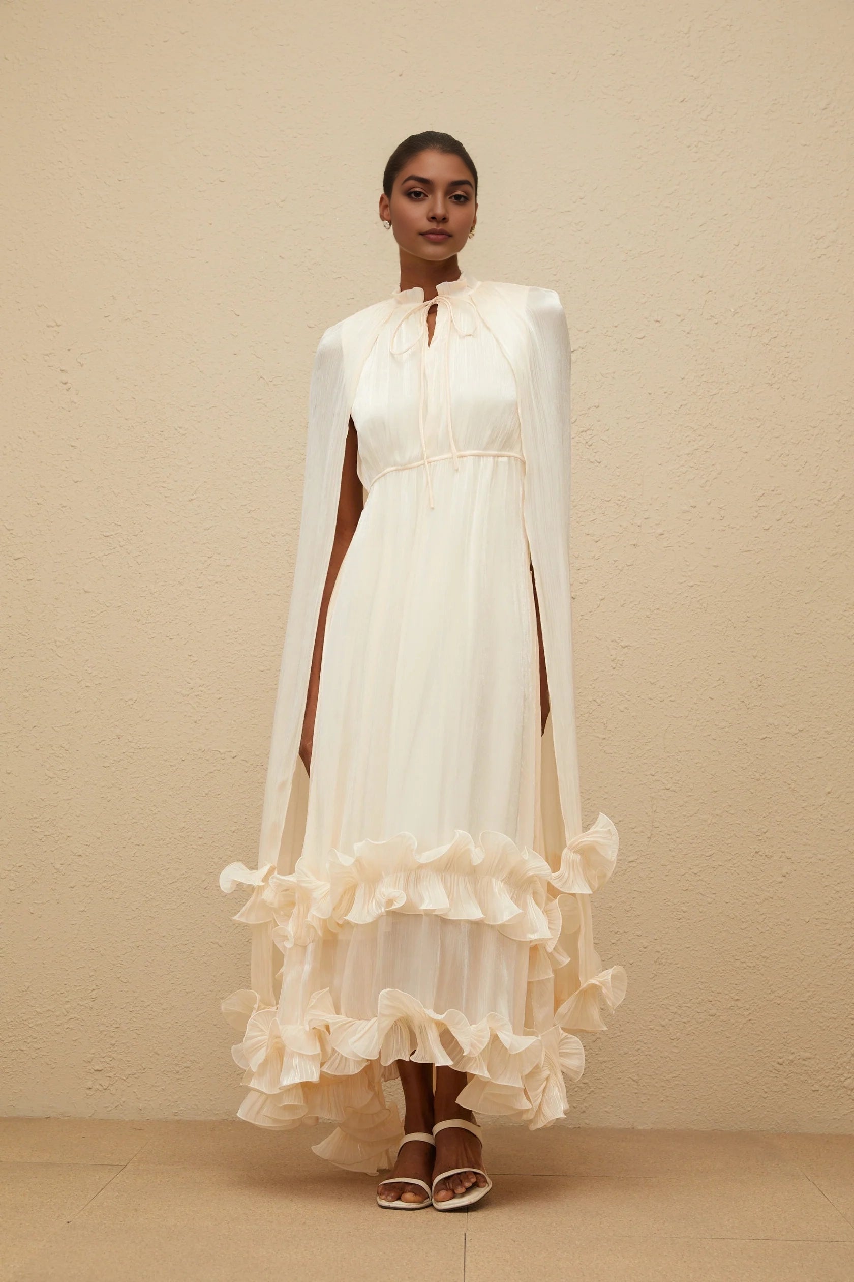 Cream Cape - Sleeve Maxi Dress with Ruffled Hem Intemporelle Neutral Cape Pleated Midi Dress Evening Dress