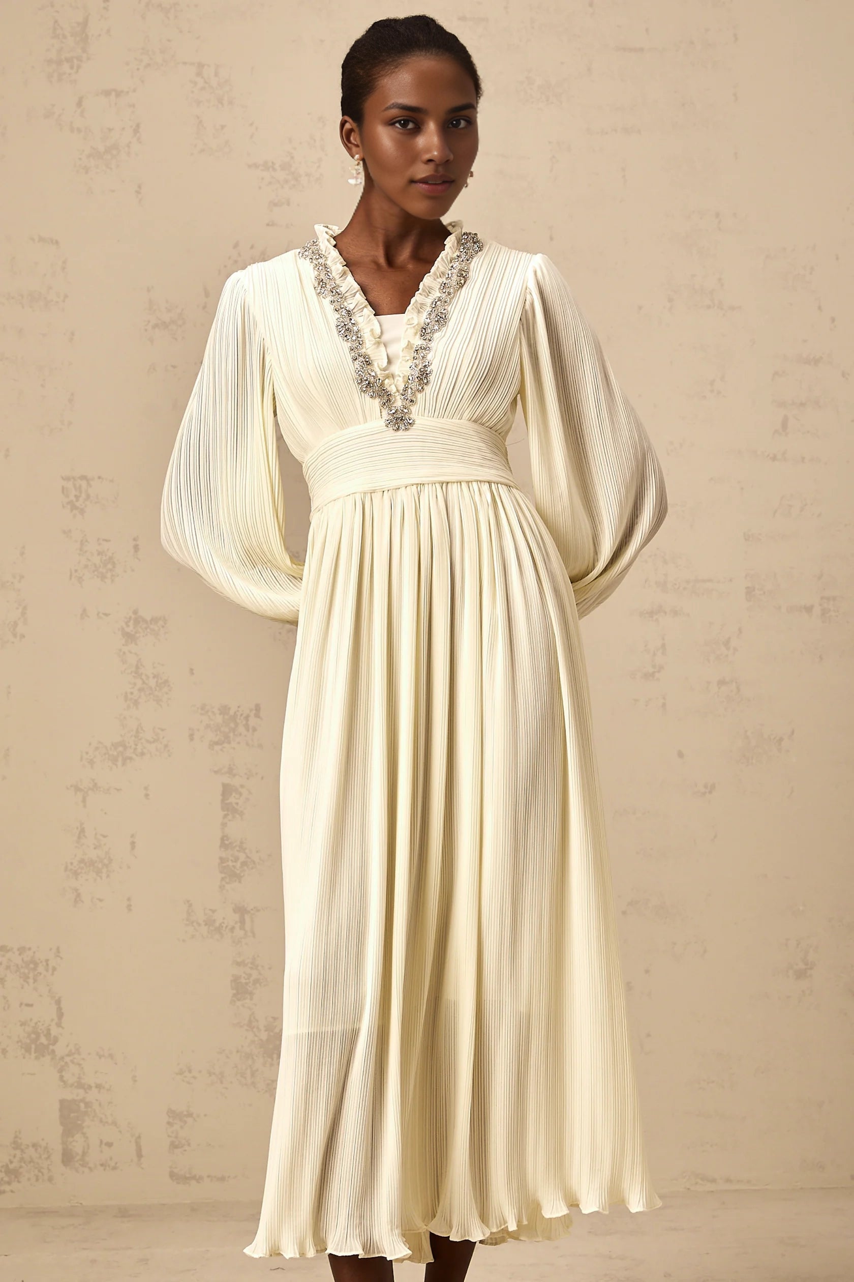 Cream Embellished V - Neck Long Sleeve Midi Dress white crystal-trim pleated midi dress Evening Dress