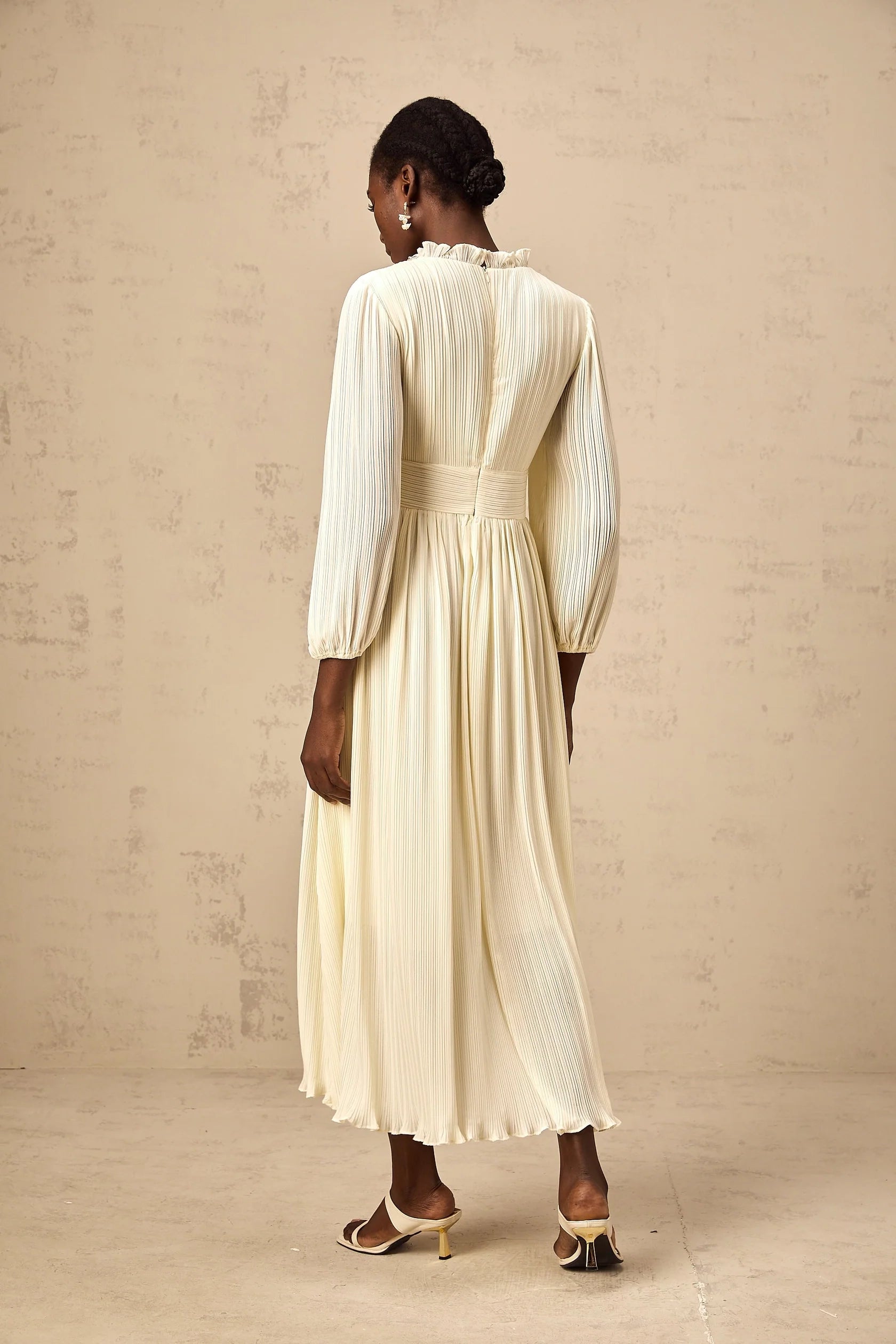 Cream Embellished V - Neck Long Sleeve Midi Dress white crystal-trim pleated midi dress Evening Dress