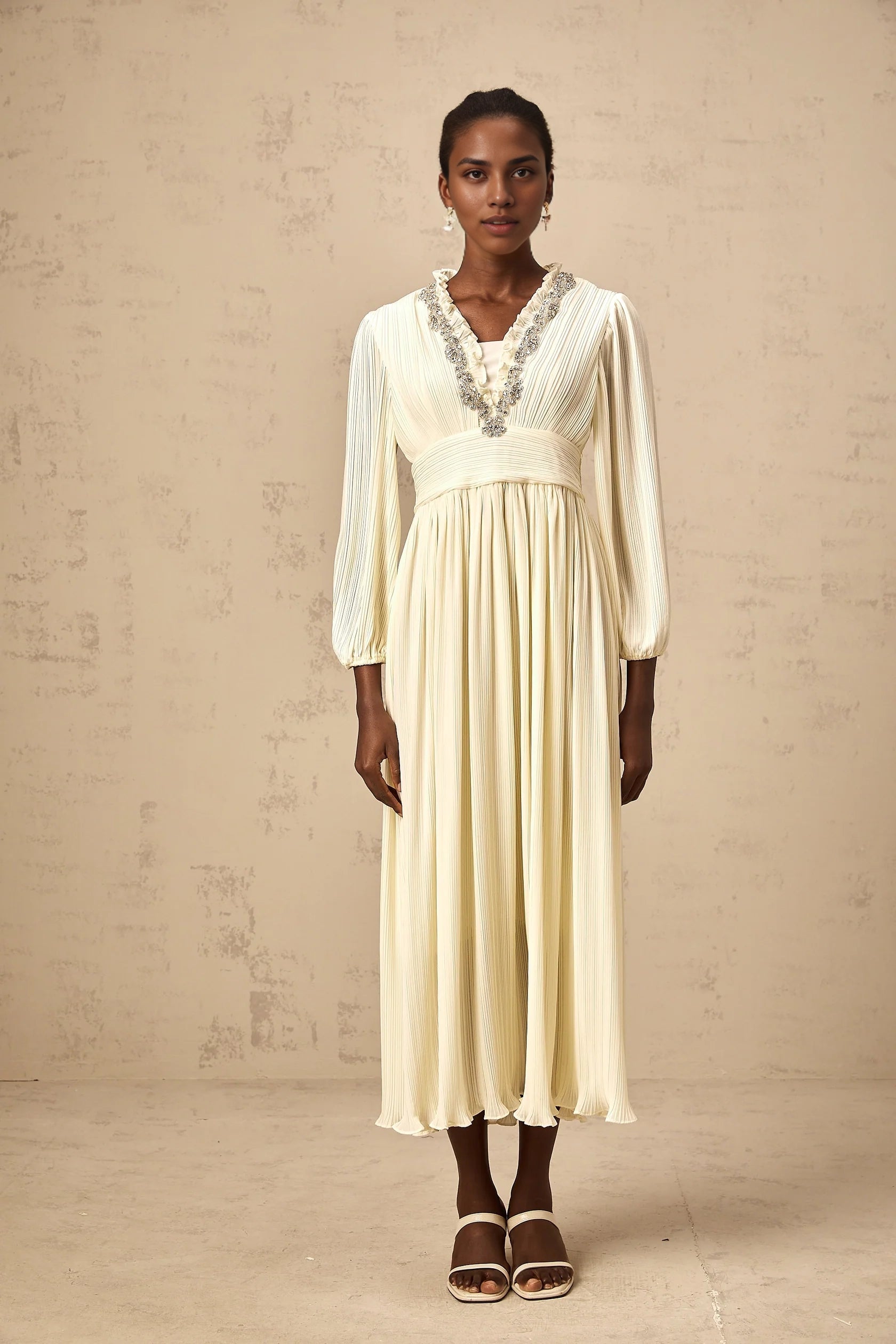 Cream Embellished V - Neck Long Sleeve Midi Dress white crystal-trim pleated midi dress Evening Dress
