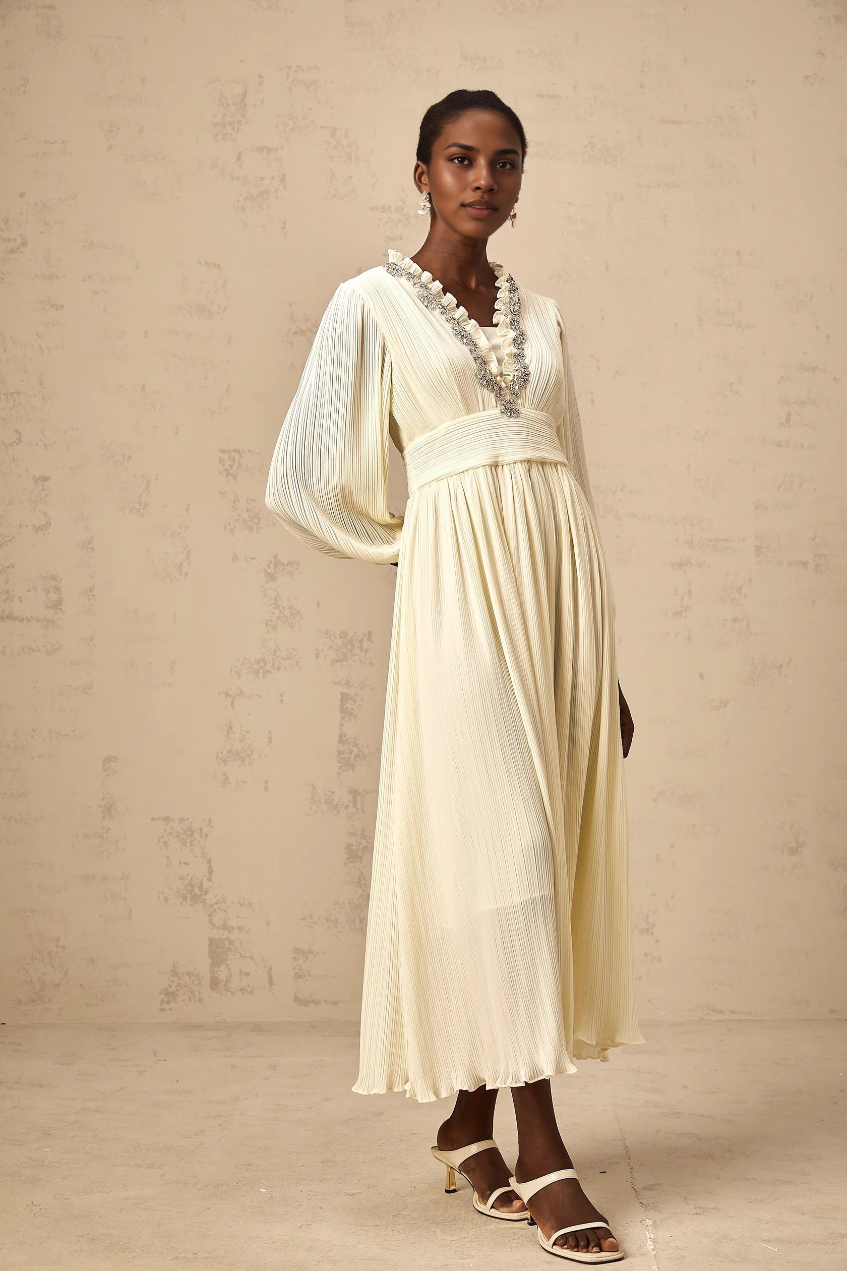 Cream Embellished V - Neck Long Sleeve Midi Dress white crystal-trim pleated midi dress Evening Dress