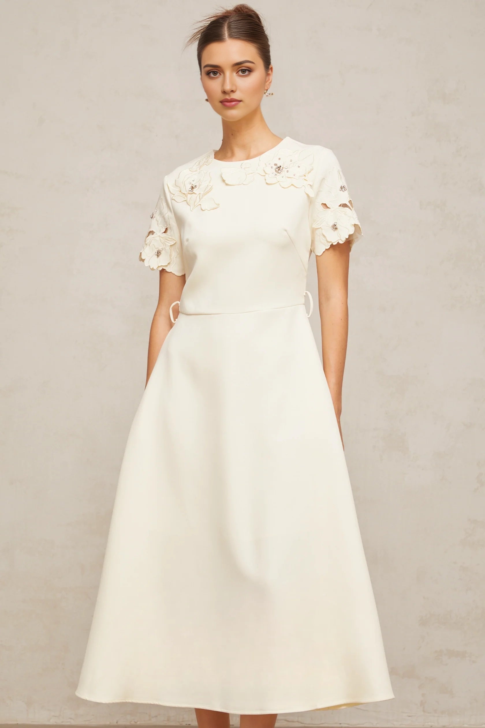 Cream Floral Appliqué Short - Sleeve Midi Dress Orane neutrals floral-appliqué flared midi dress Evening Dress