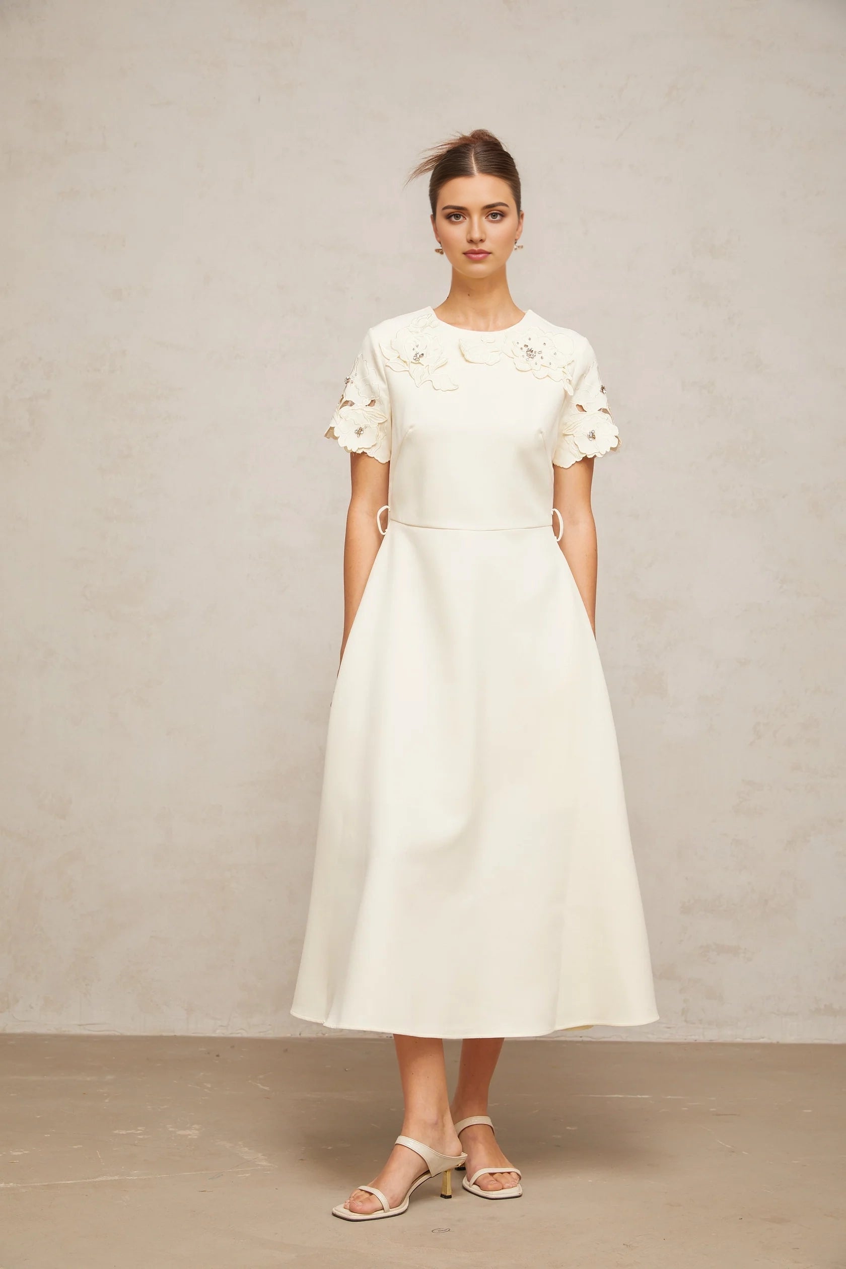 Cream Floral Appliqué Short - Sleeve Midi Dress Orane neutrals floral-appliqué flared midi dress Evening Dress