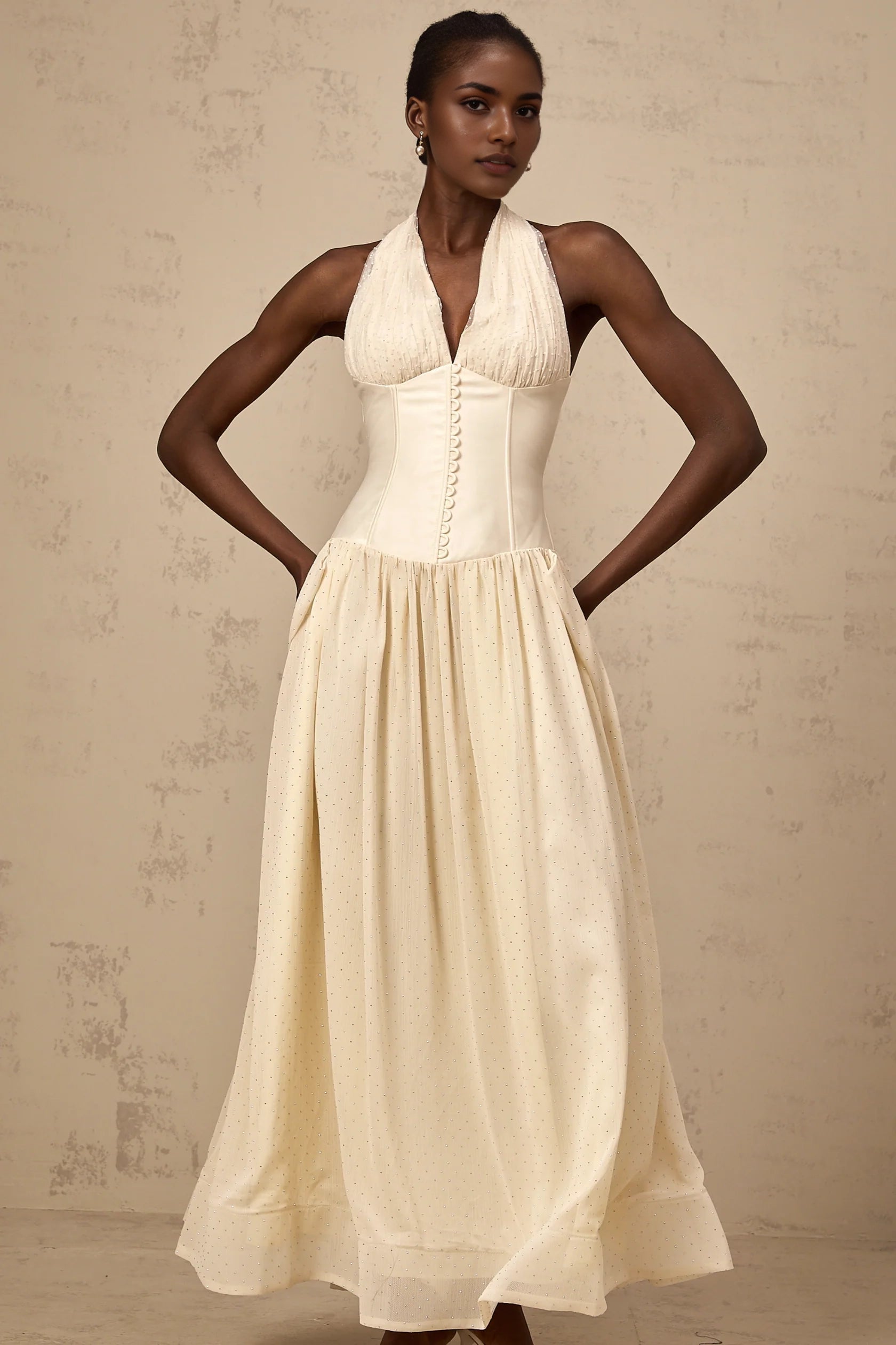 Cream Halter Neck Corset Maxi Dress with Sparkle Detail Charlotte halterneck tulle midi dress Evening Dress