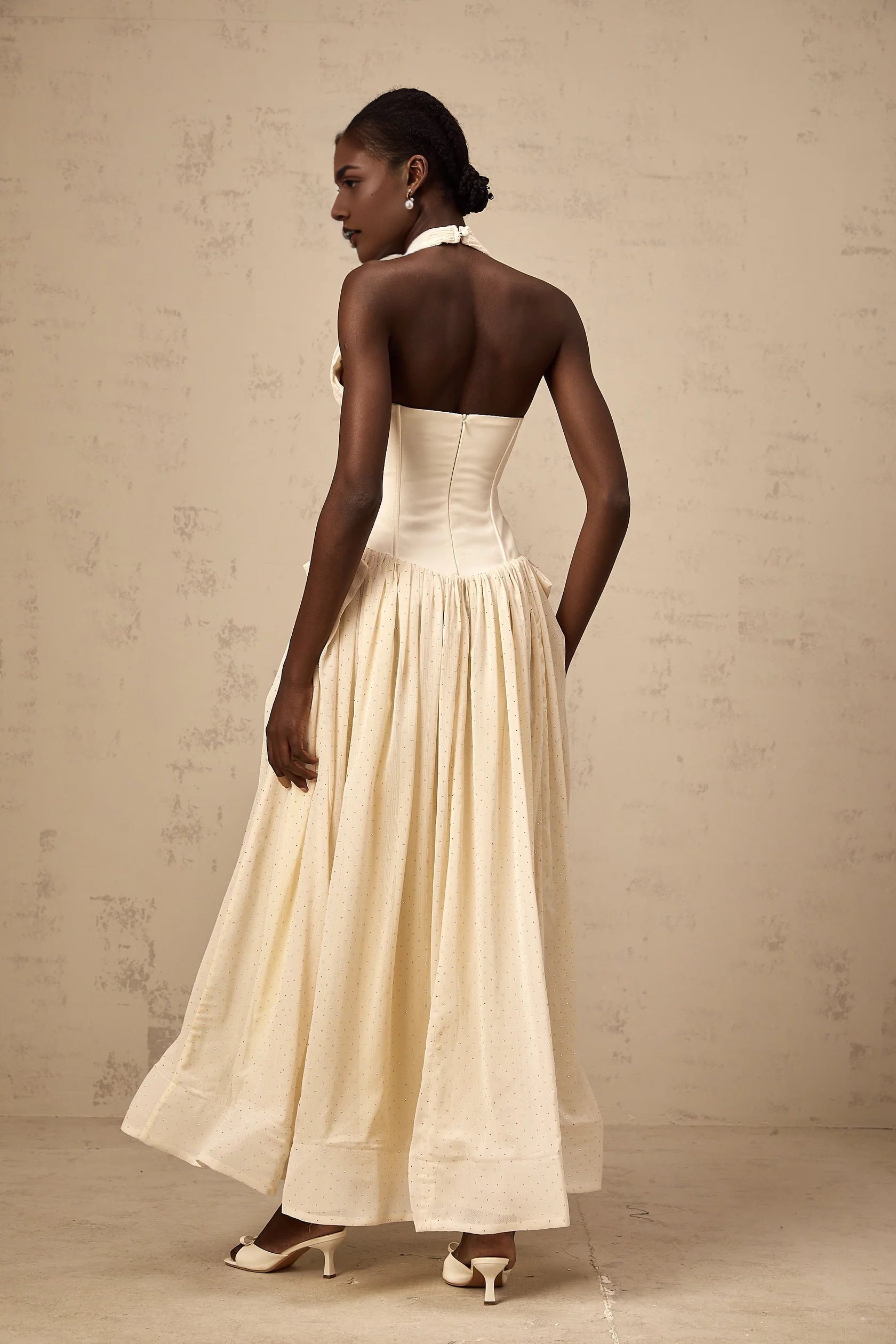 Cream Halter Neck Corset Maxi Dress with Sparkle Detail Charlotte halterneck tulle midi dress Evening Dress