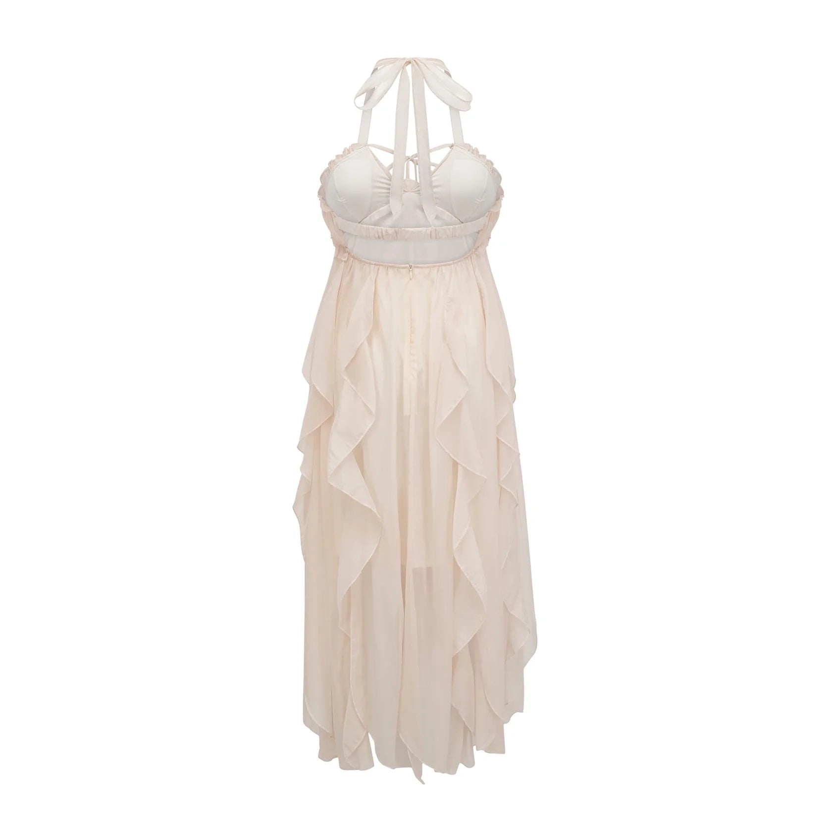 Cream Halter Neck Ruffled Maxi Dress with Open Back Axelle tulle pleated midi dress Evening Dress