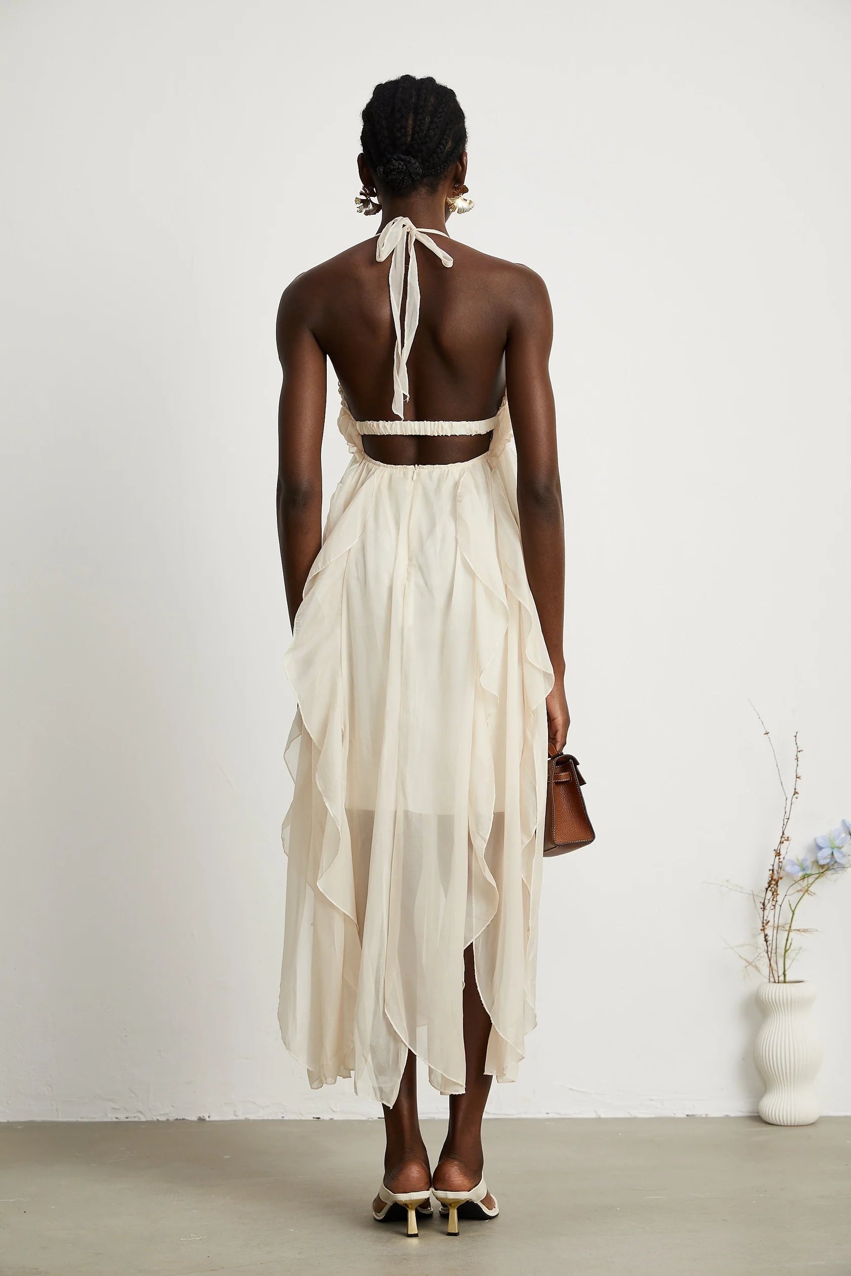Cream Halter Neck Ruffled Maxi Dress with Open Back Axelle tulle pleated midi dress Evening Dress