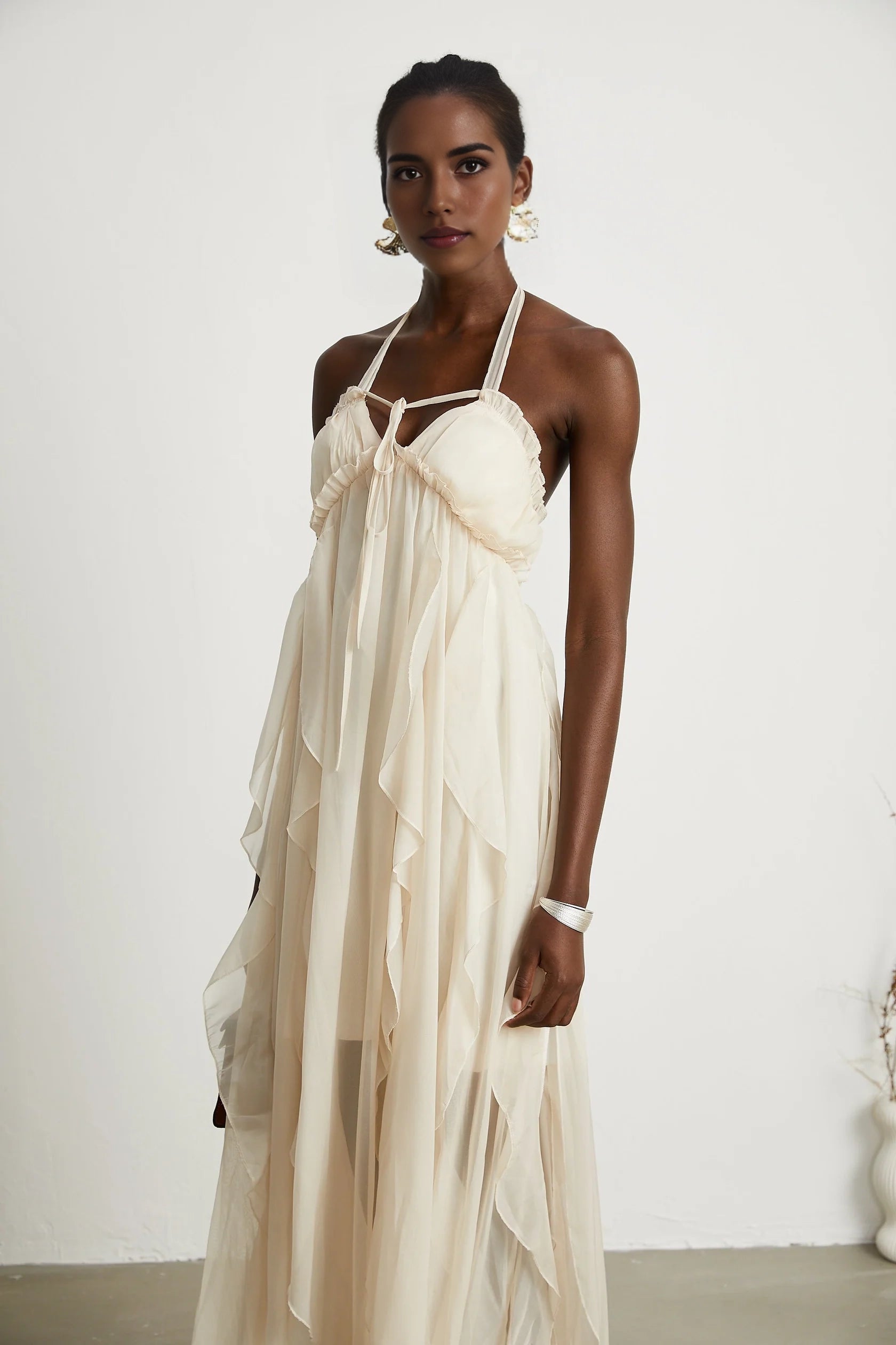 Cream Halter Neck Ruffled Maxi Dress with Open Back Axelle tulle pleated midi dress Evening Dress